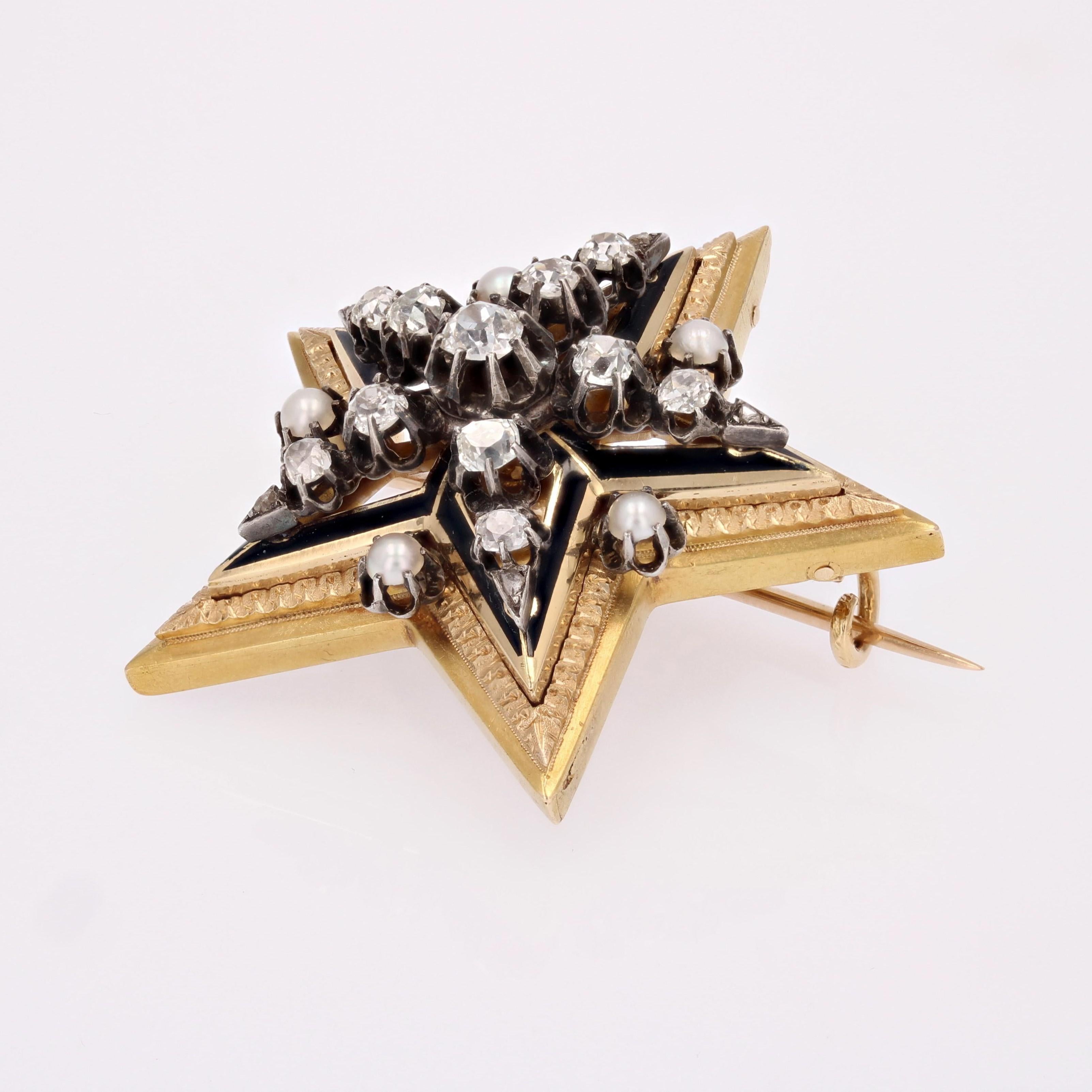Französische Stern-Anhänger-Brosche aus 18 Karat Gelbgold mit feinen Perlen und Diamanten aus dem 19. Jahrhundert im Angebot 1