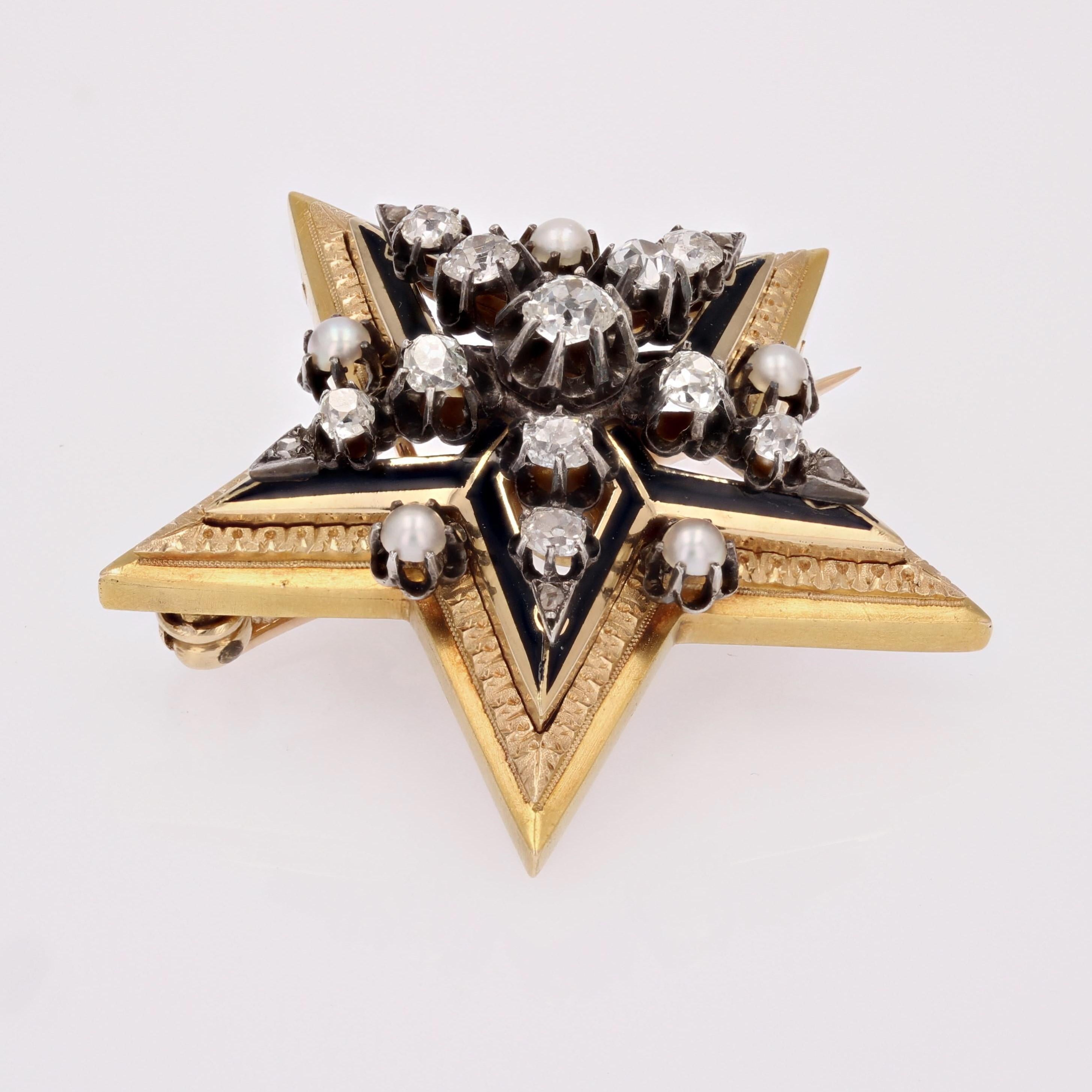 Französische Stern-Anhänger-Brosche aus 18 Karat Gelbgold mit feinen Perlen und Diamanten aus dem 19. Jahrhundert im Angebot 2