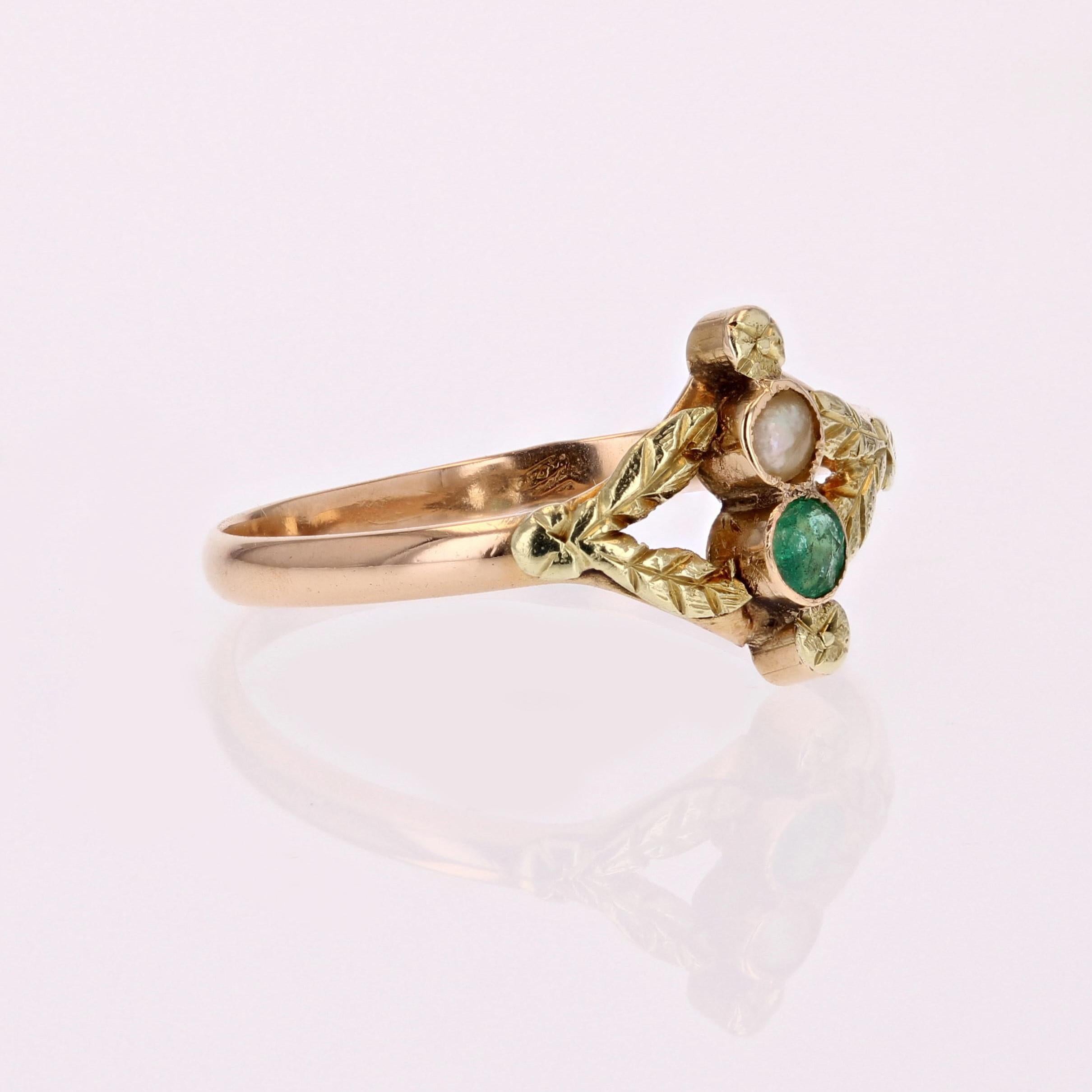 Napoleon III French 19th Century Fine Pearl Emerald 18 Karat Rose and Green Gold Ring For Sale