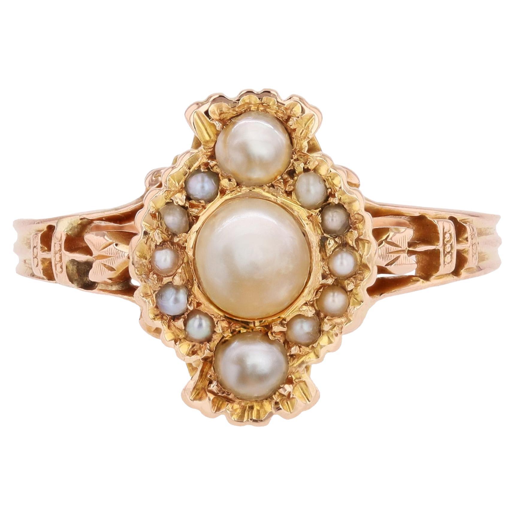 French 19th Century Fine Pearls 18 Karat Rose Gold Hem Ring