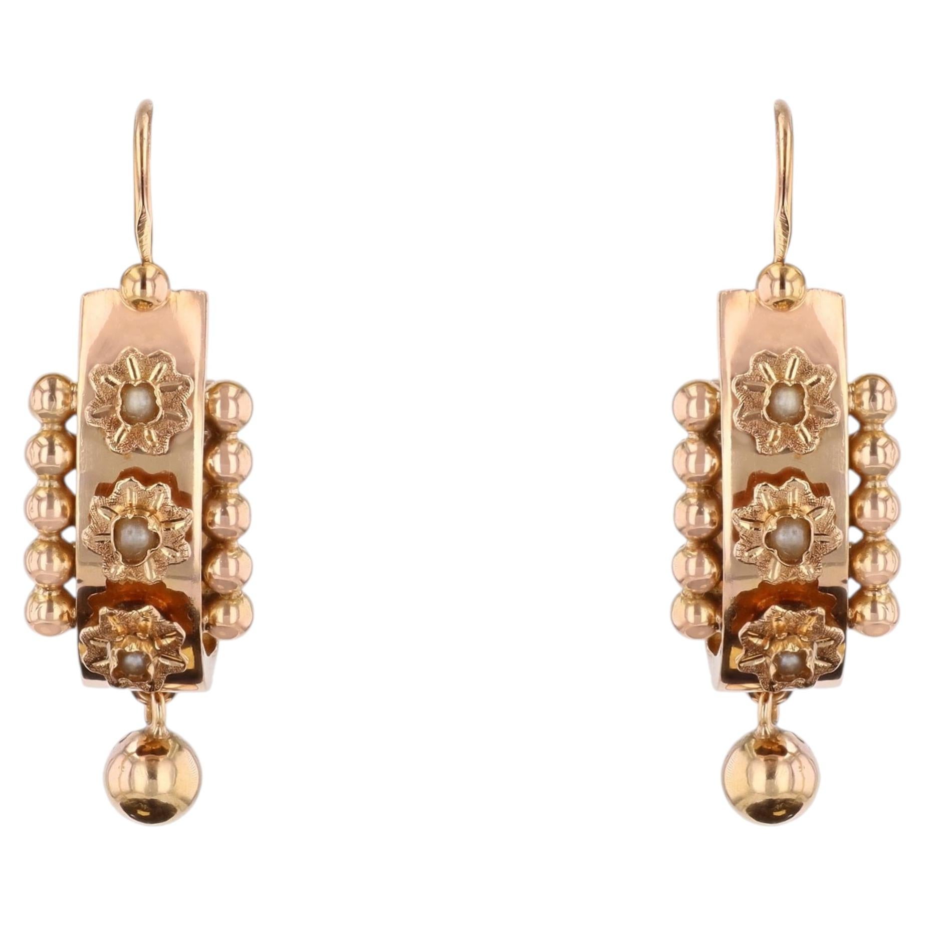 French 19th Century Fine Pearls 18 Karat Rose Gold Poissardes Hoop Earrings