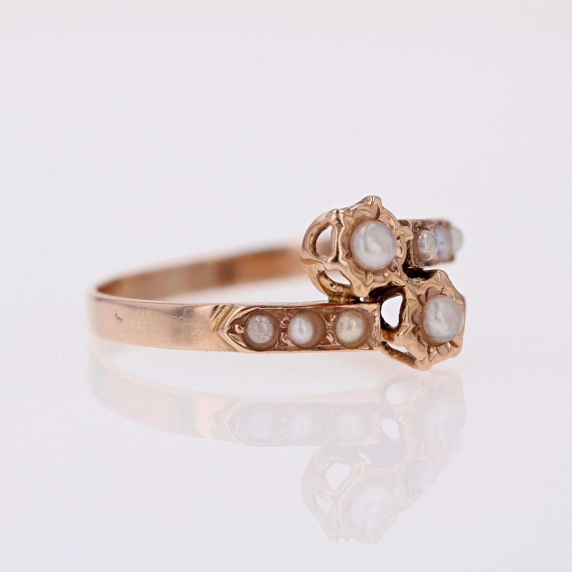 Bead French 19th Century Fine Pearls 18 Karat Rose Gold You and Me Ring For Sale