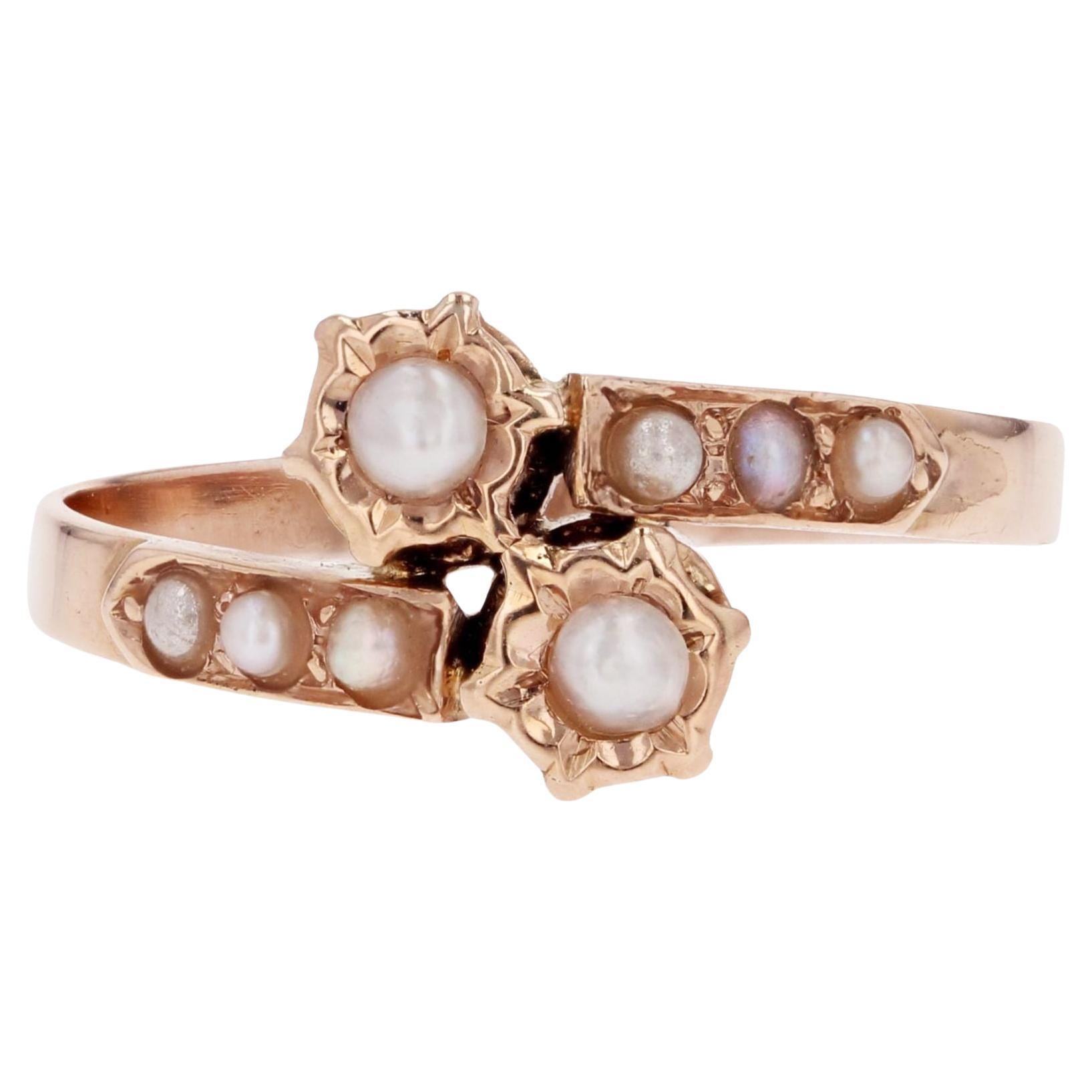 French 19th Century Fine Pearls 18 Karat Rose Gold You and Me Ring For Sale