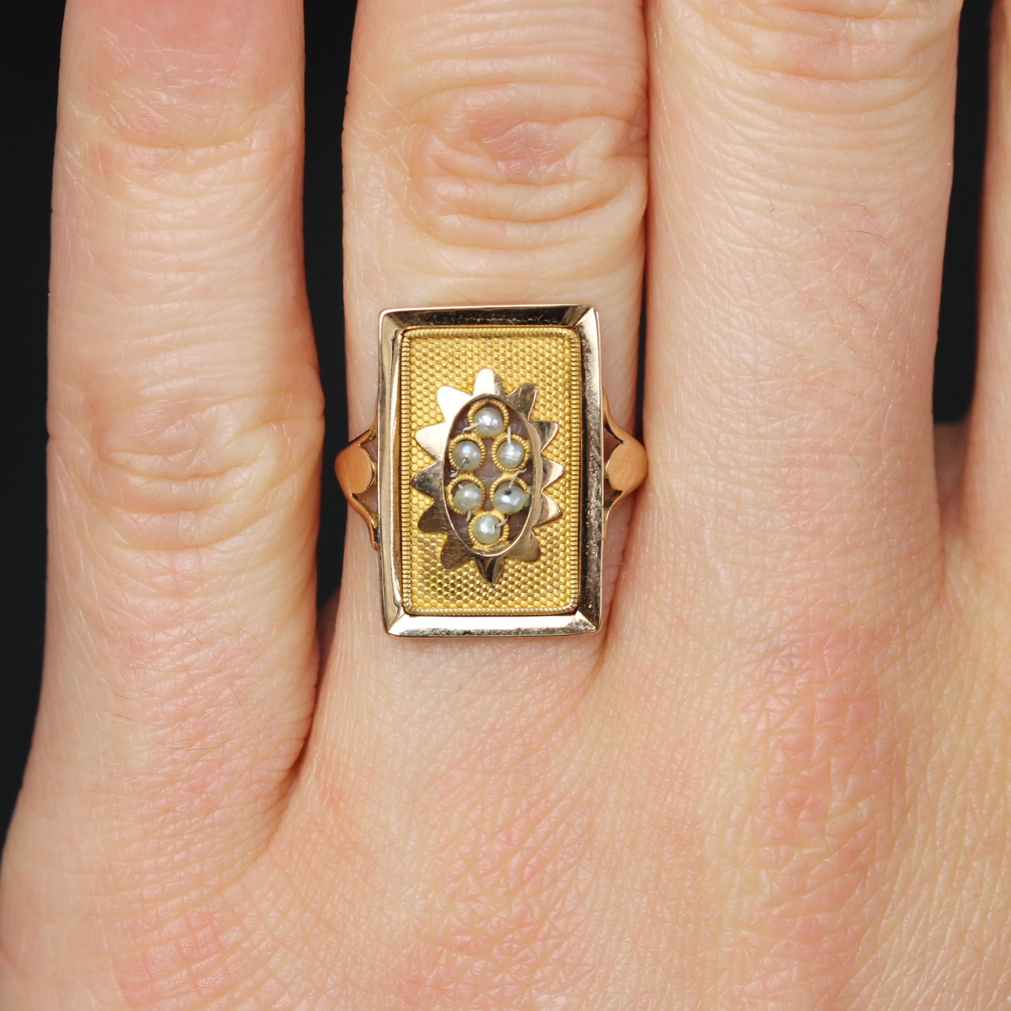 Women's French 19th Century Fine Pearls 18 Karat Yellow Gold Rectangular Ring For Sale