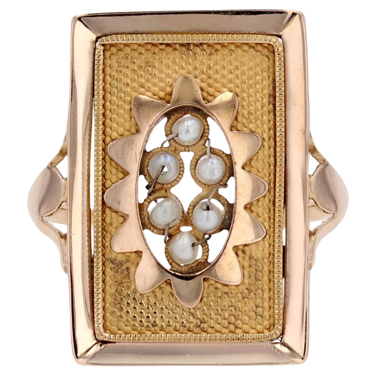French 19th Century Fine Pearls 18 Karat Yellow Gold Rectangular Ring For Sale