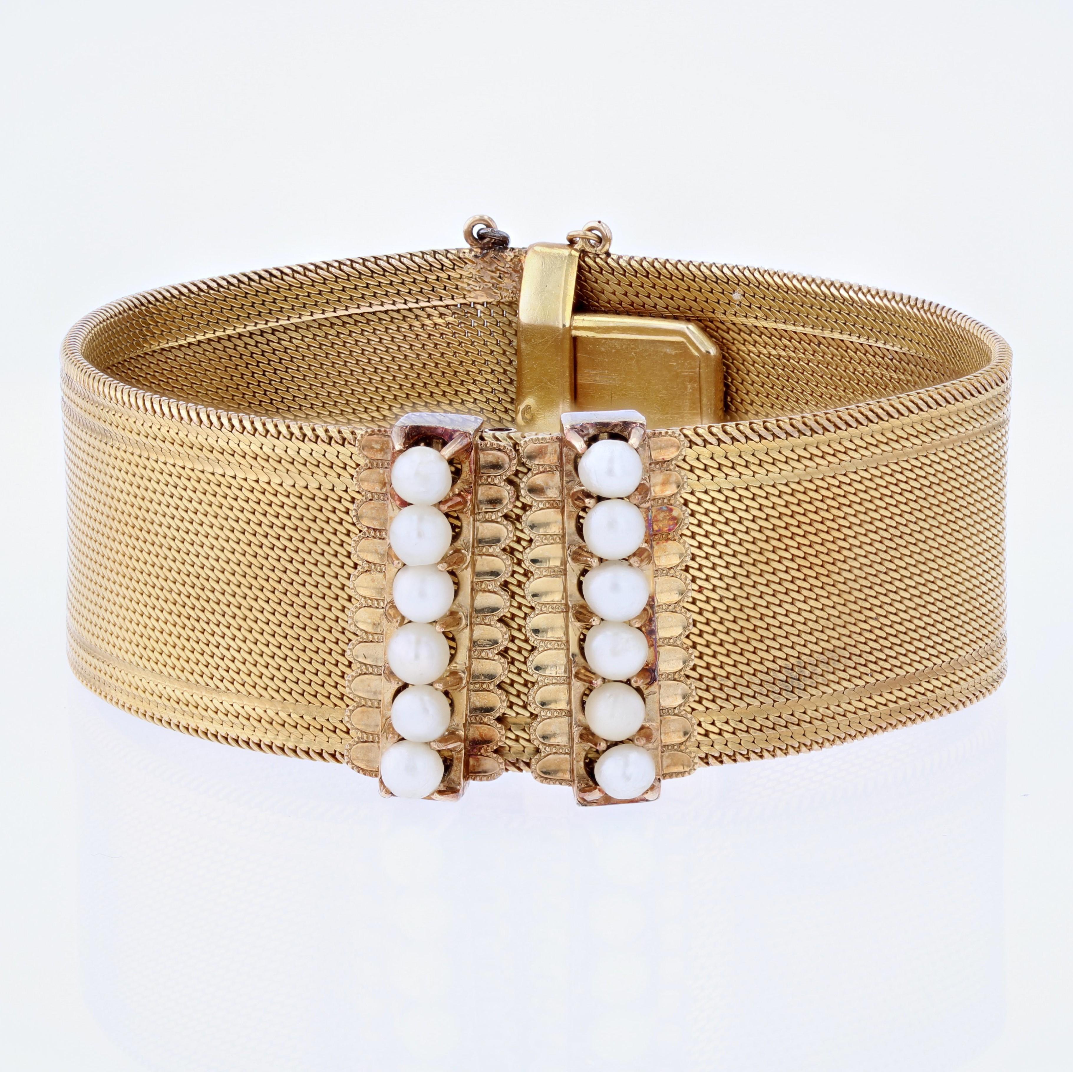 French 19th Century Fine Pearls 18 Karat Yellow Gold Ribbon Bracelet For Sale 5