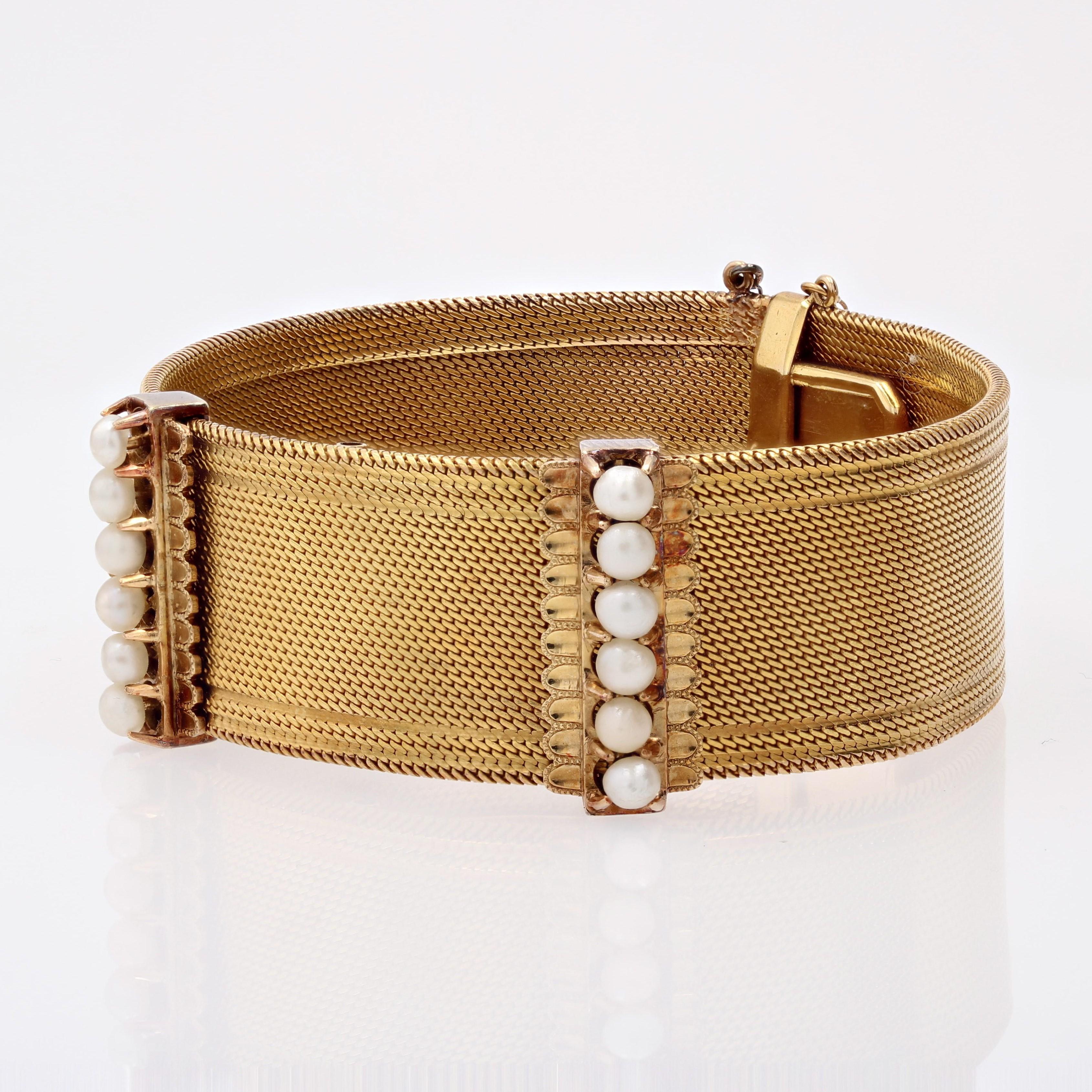 Women's French 19th Century Fine Pearls 18 Karat Yellow Gold Ribbon Bracelet For Sale