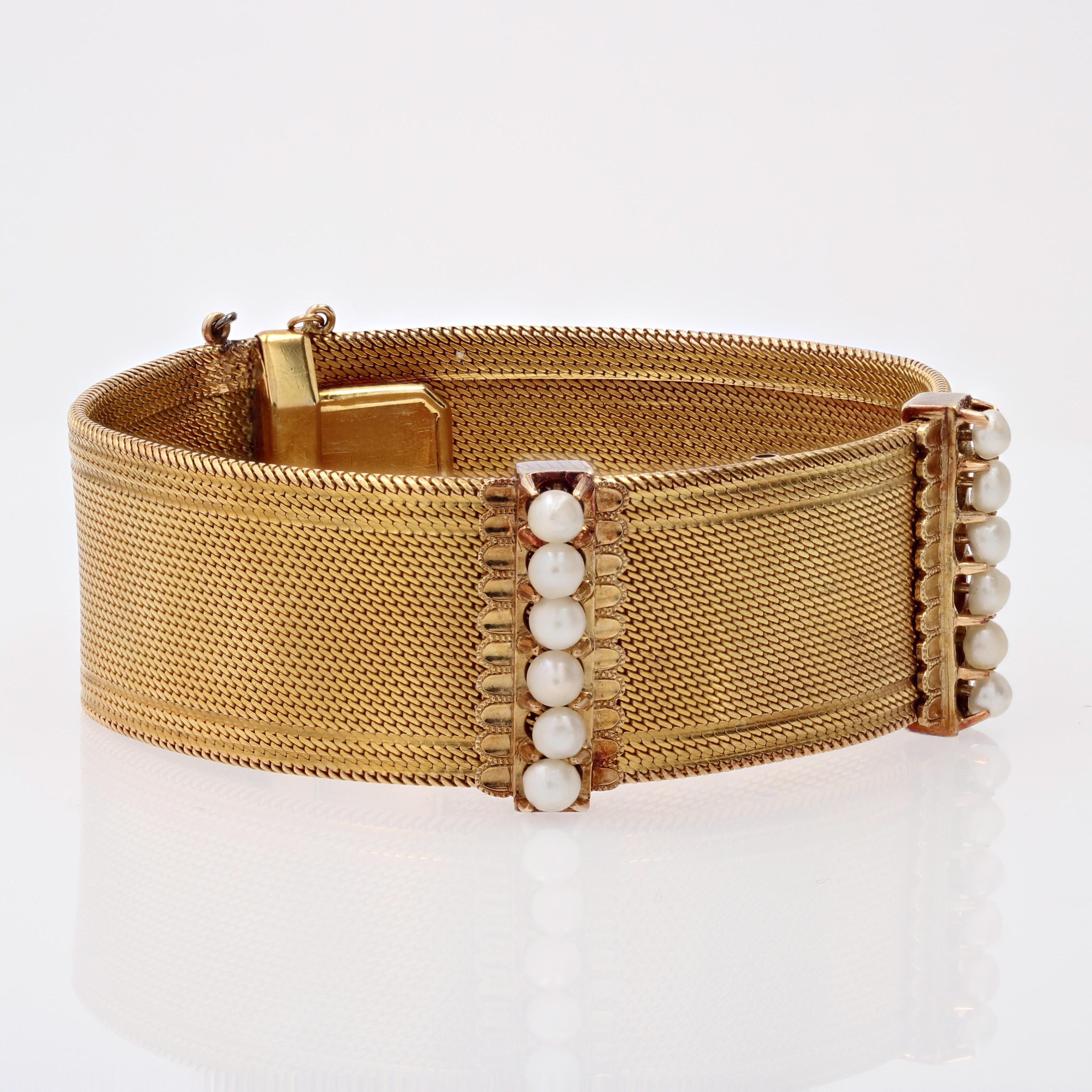 French 19th Century Fine Pearls 18 Karat Yellow Gold Ribbon Bracelet For Sale 1
