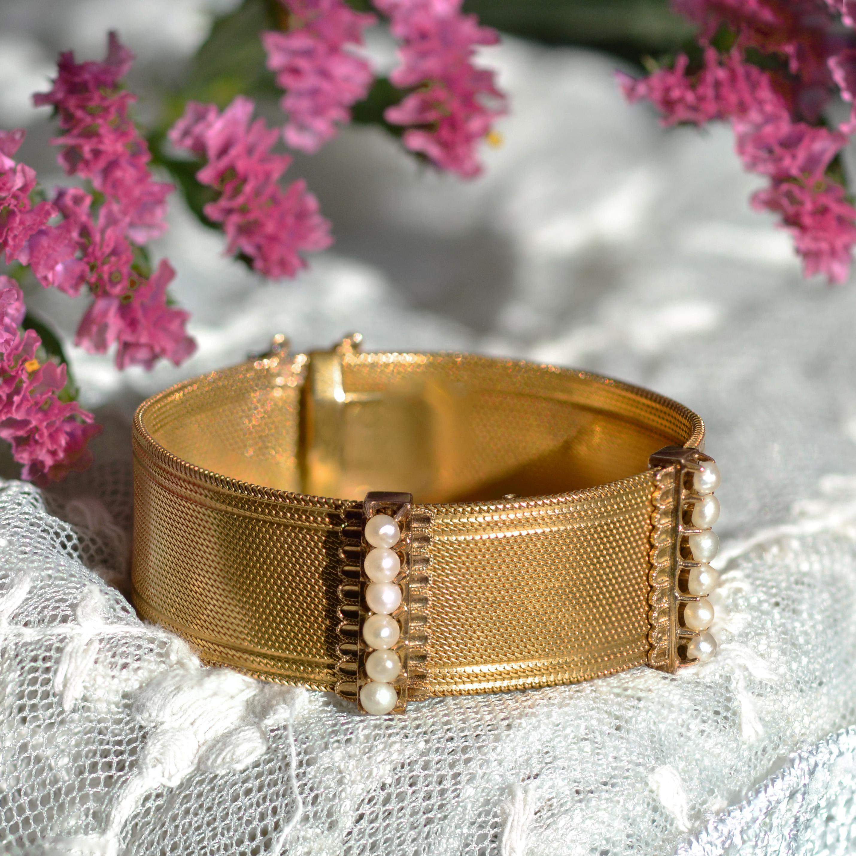 18 Karat Gelbgold Band-Armband mit feinen Perlen, 19. Jahrhundert im Angebot 3