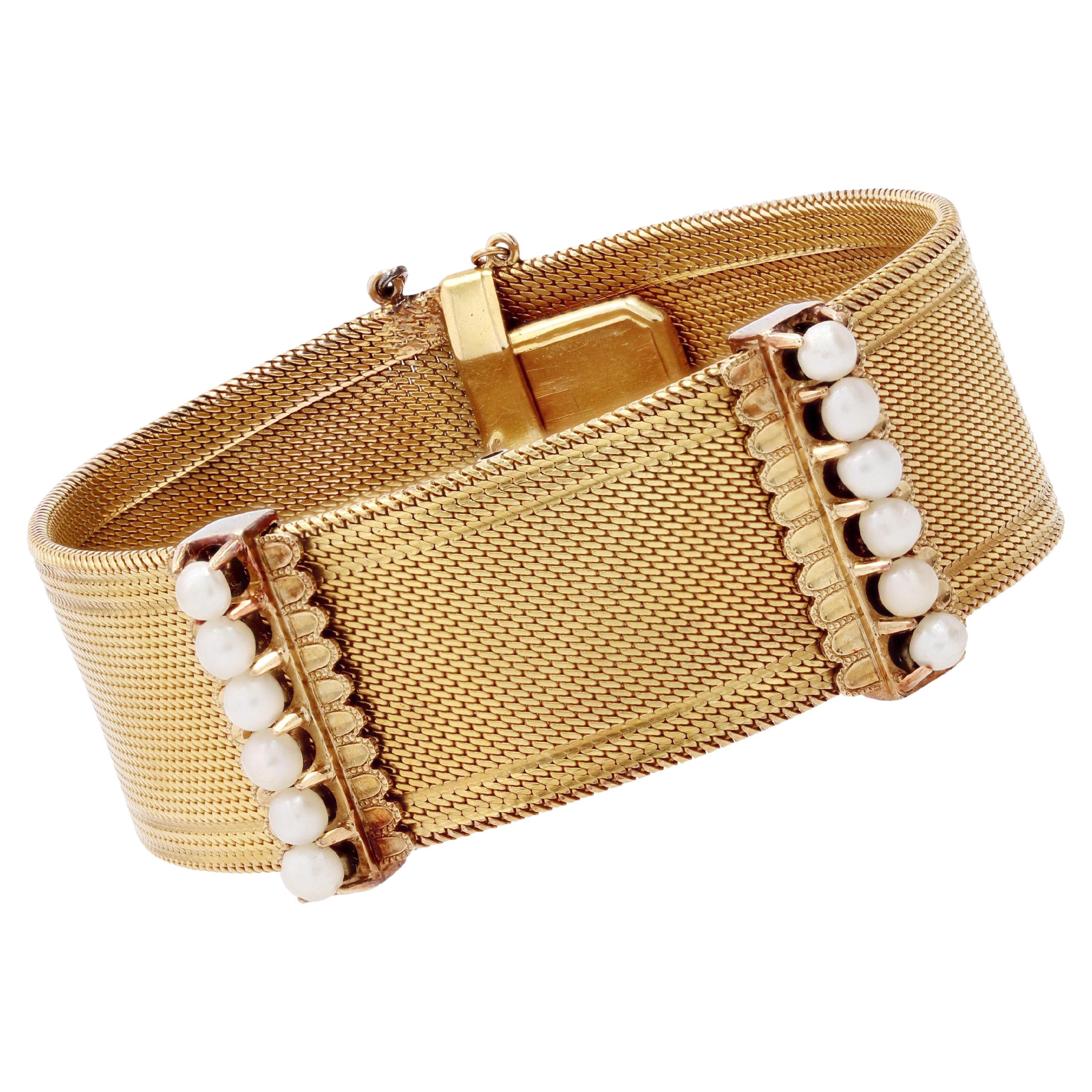 Bracelet ruban en or jaune 18 carats avec perles fines du 19ème siècle.