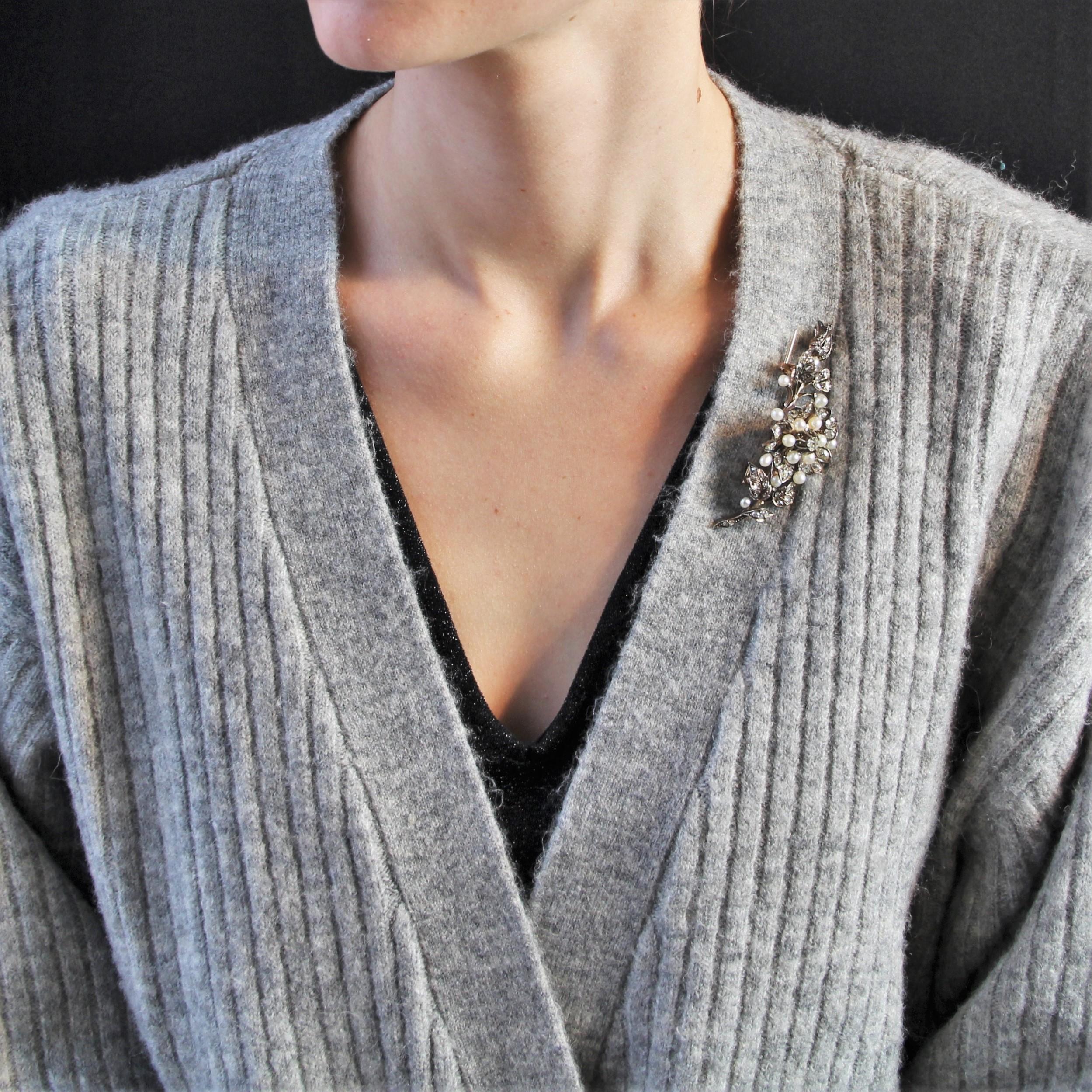 French 19th Century Fine Pearls Diamonds Shaking Brooch For Sale 3