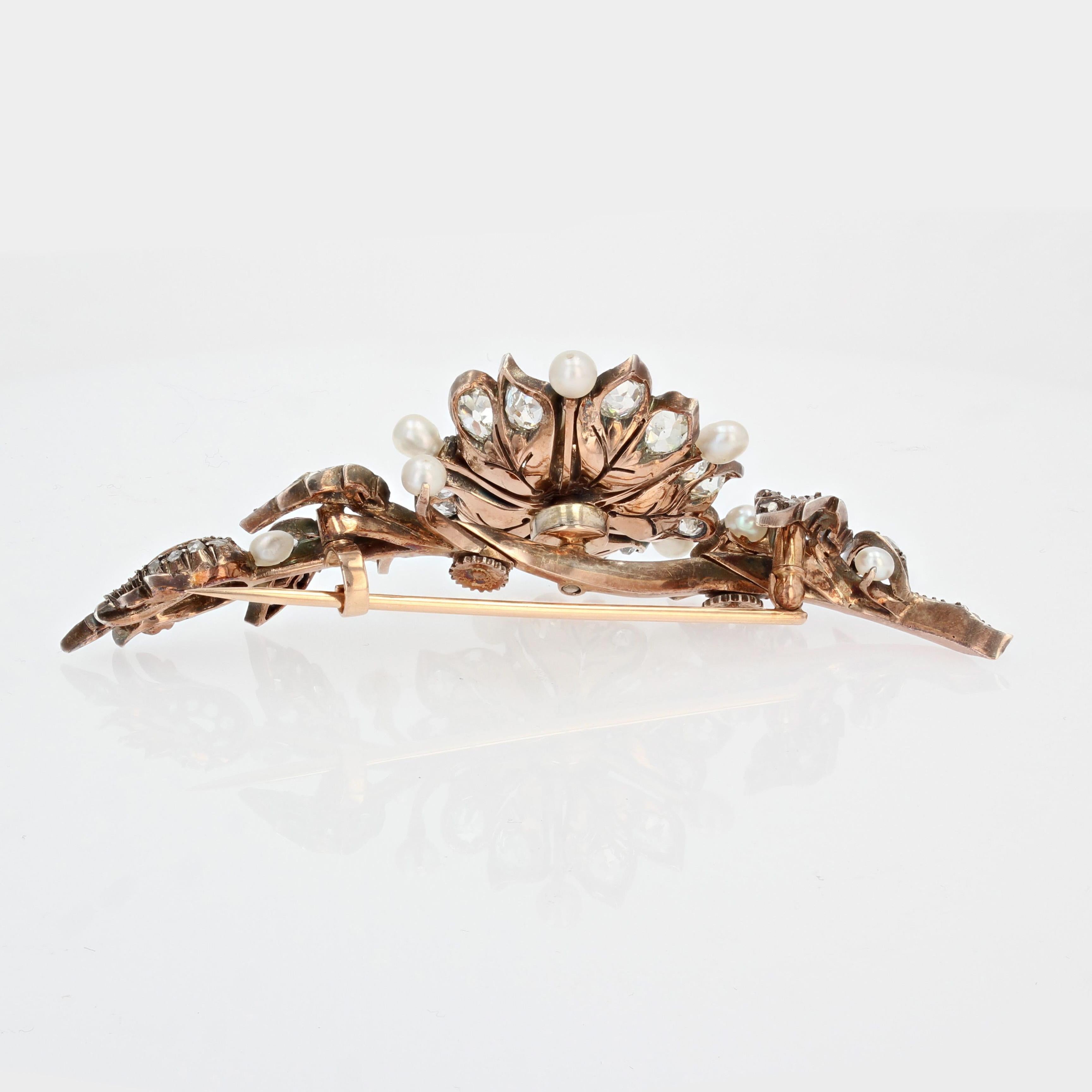 French 19th Century Fine Pearls Diamonds Shaking Brooch For Sale 4