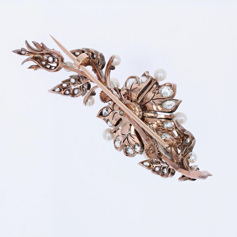 French 19th Century Fine Pearls Diamonds Shaking Brooch For Sale 6