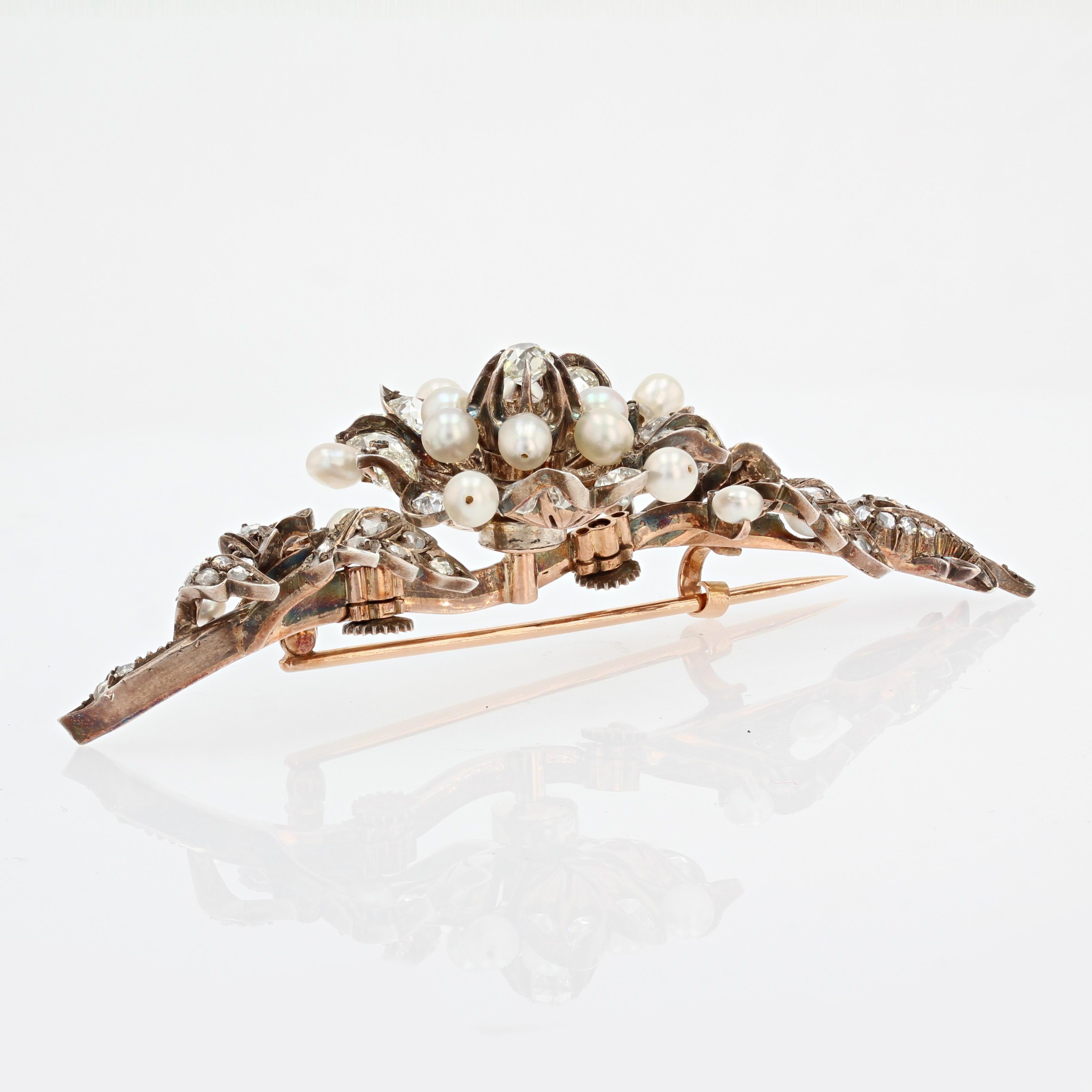 French 19th Century Fine Pearls Diamonds Shaking Brooch For Sale 9