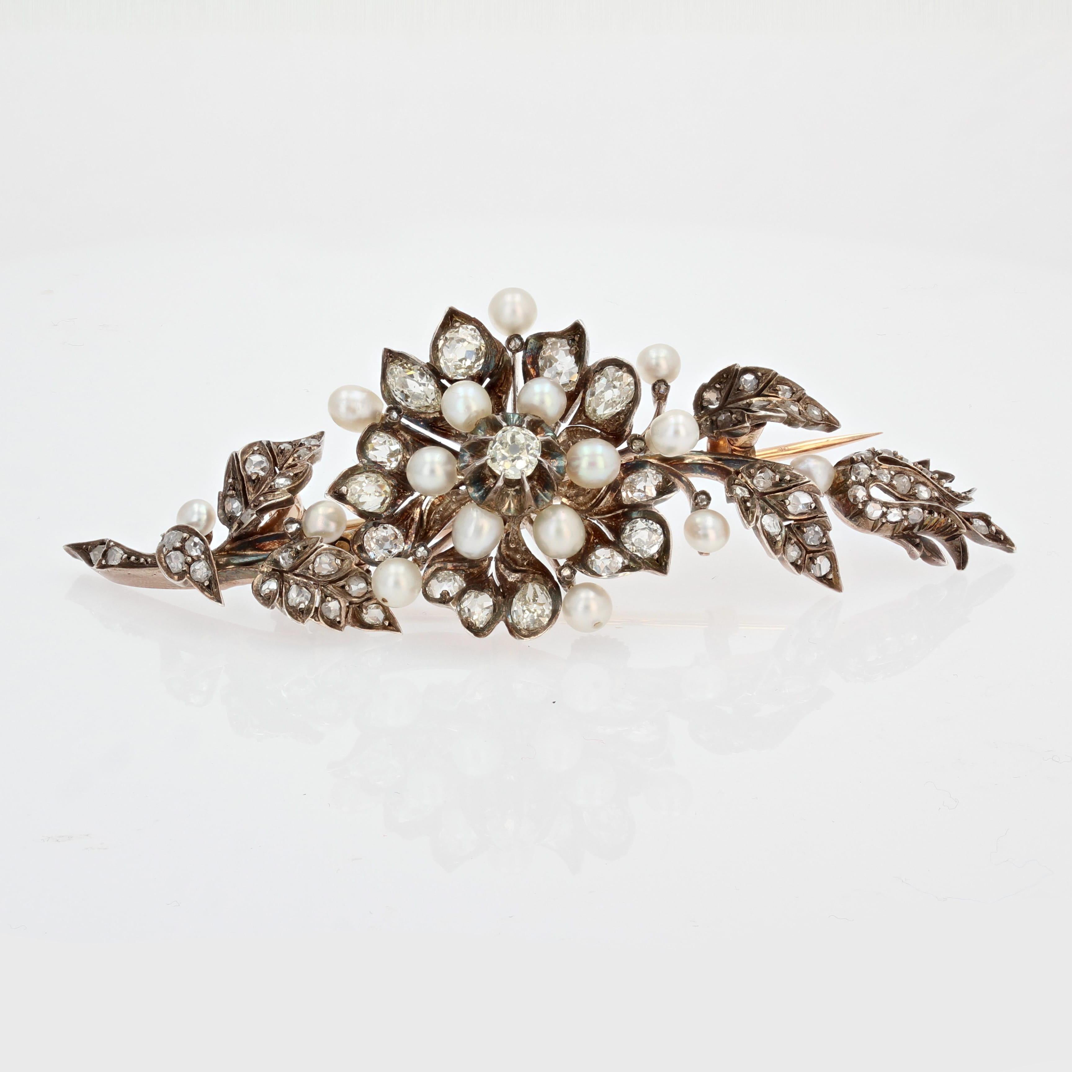 French 19th Century Fine Pearls Diamonds Shaking Brooch In Good Condition For Sale In Poitiers, FR