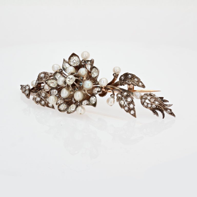 French 19th Century Fine Pearls Diamonds Shaking Brooch For Sale 1