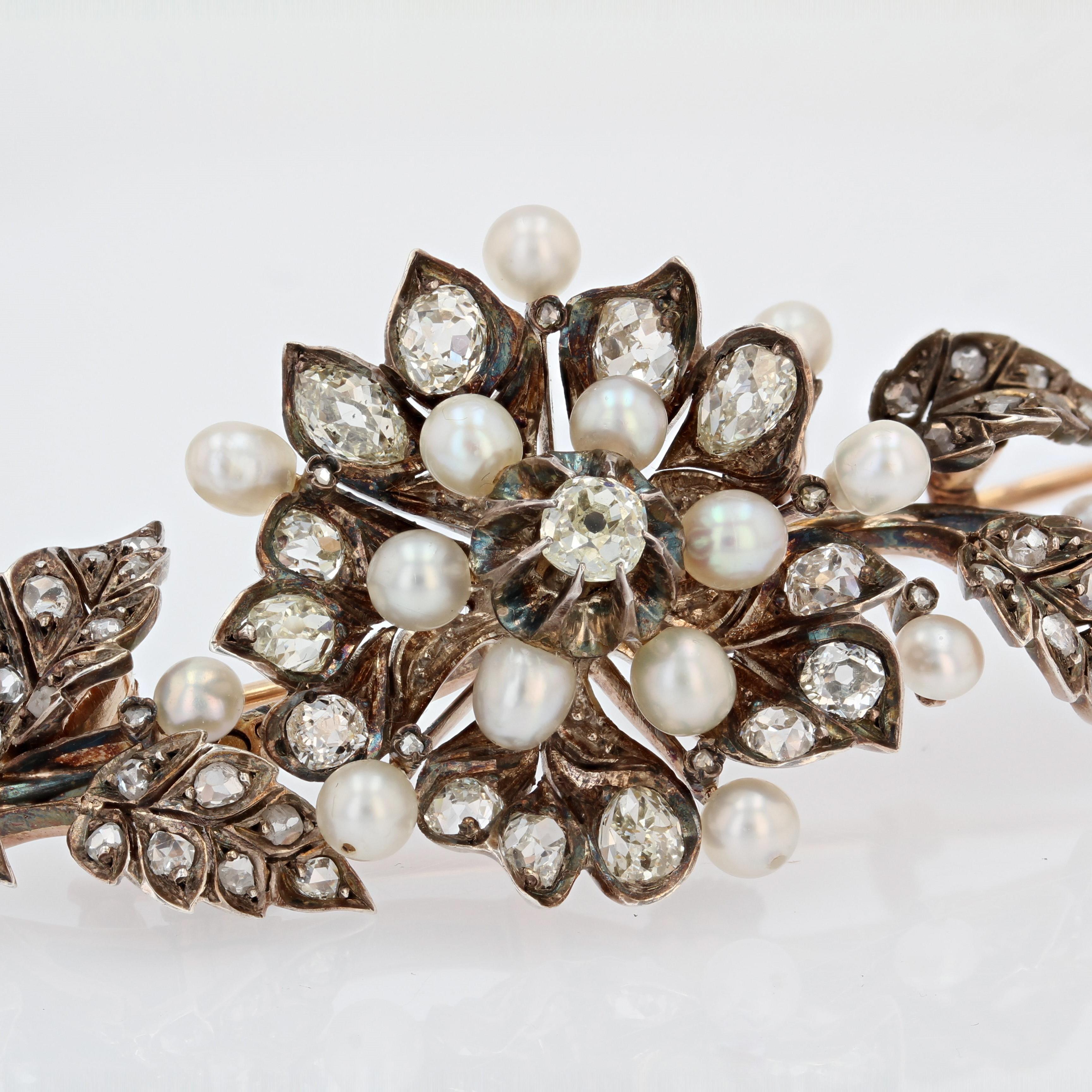 French 19th Century Fine Pearls Diamonds Shaking Brooch For Sale 2