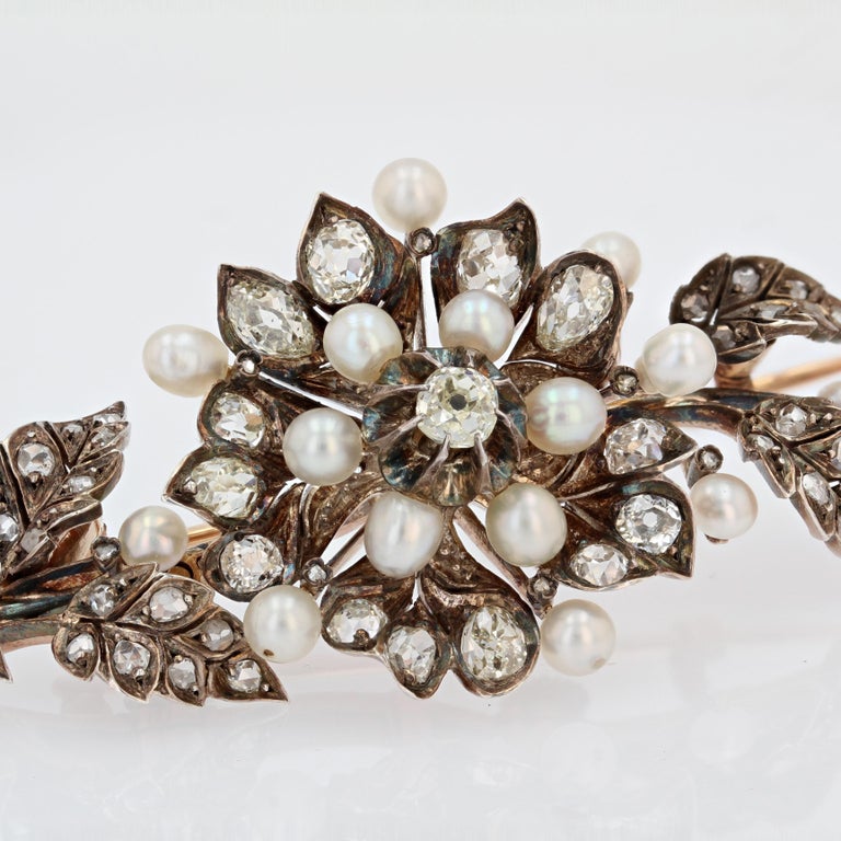French 19th Century Fine Pearls Diamonds Shaking Brooch For Sale 3