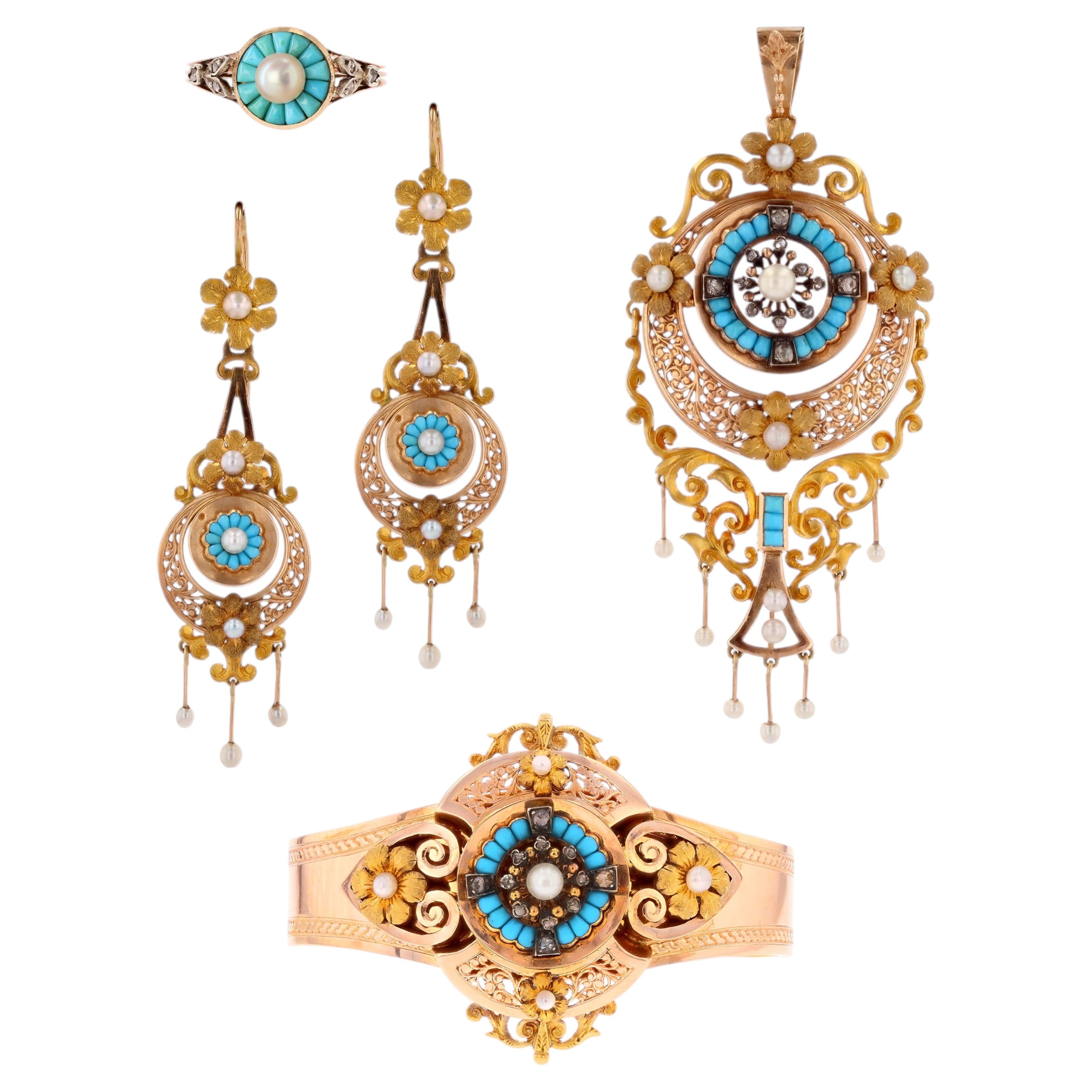 French 19th Century Fine Pearls Diamonds Turquoise 18 karat Rose Gold Set For Sale