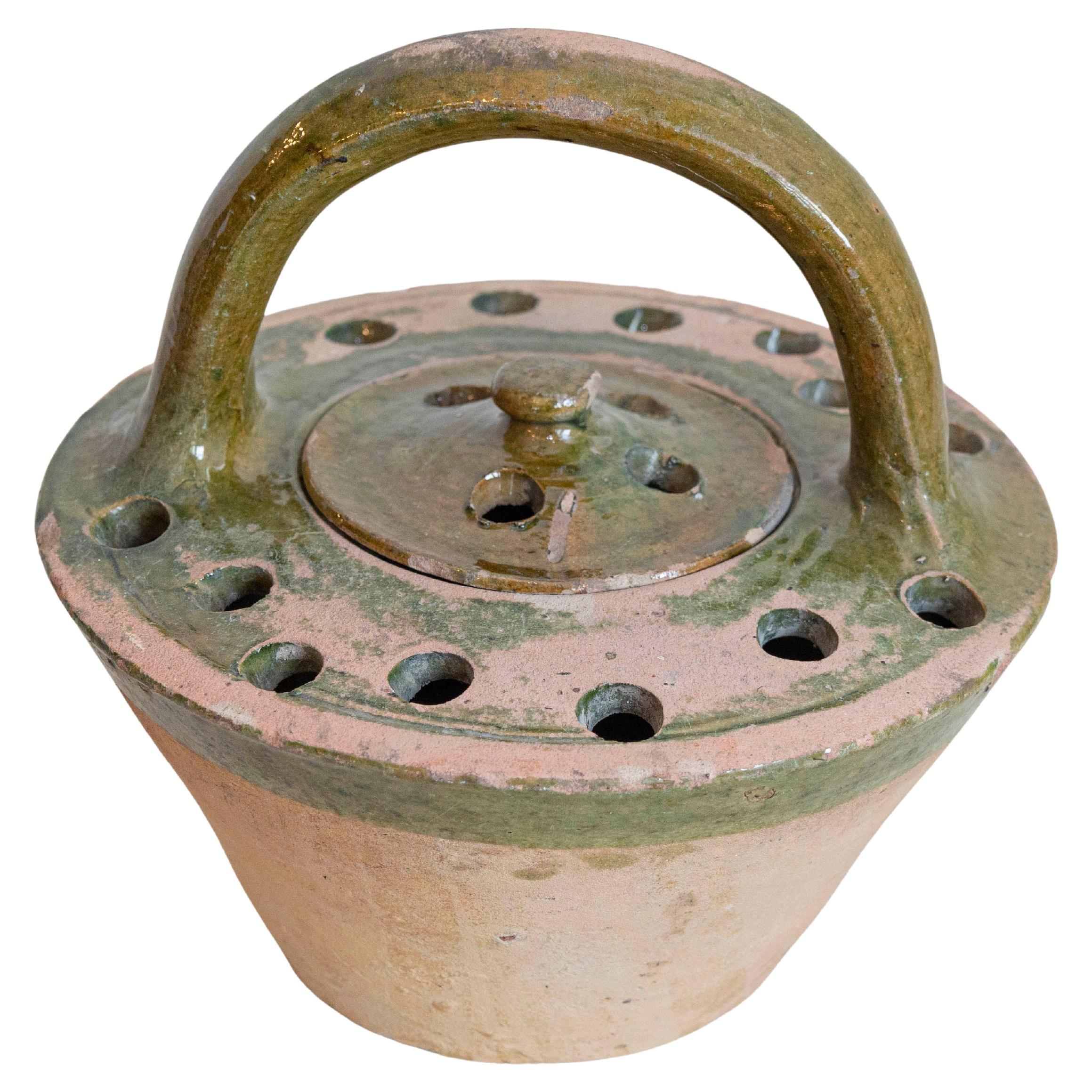 French 19th Century Fired Clay and Green Glaze Lidded Pottery Heater