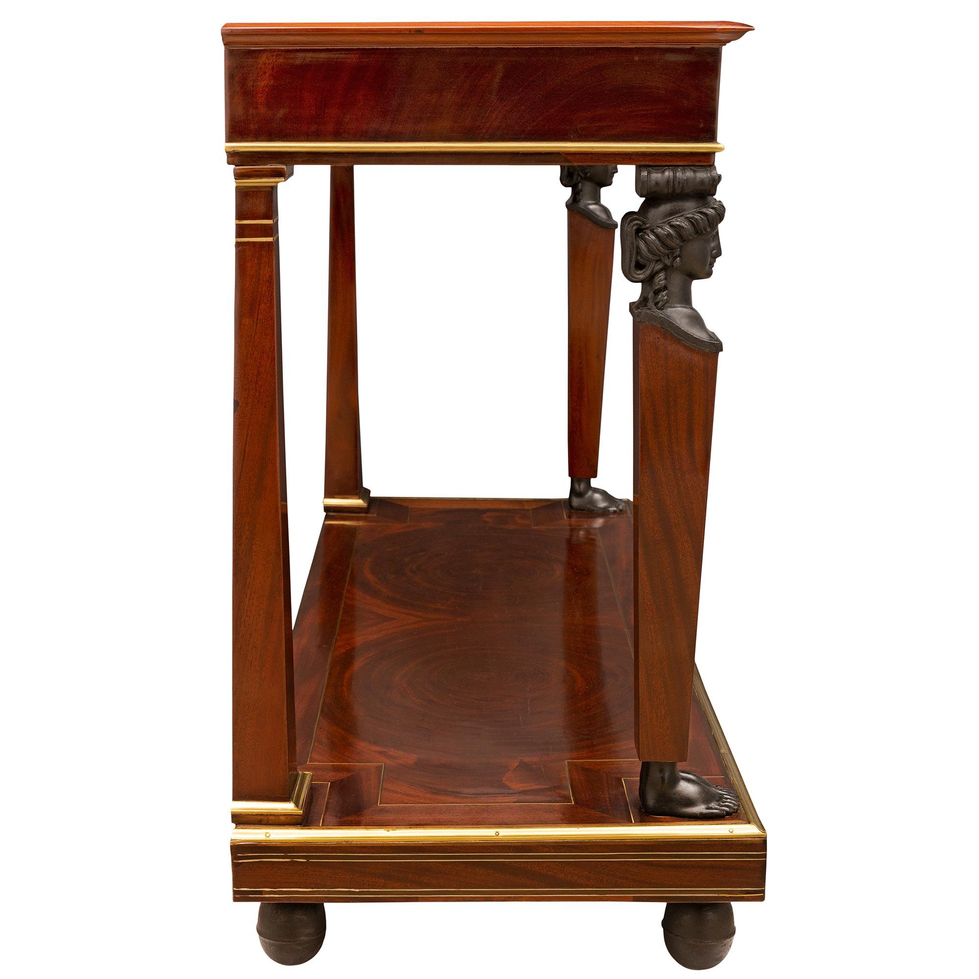 Ebonized French 19th Century First Empire Period Mahogany, Brass and Marble Console For Sale