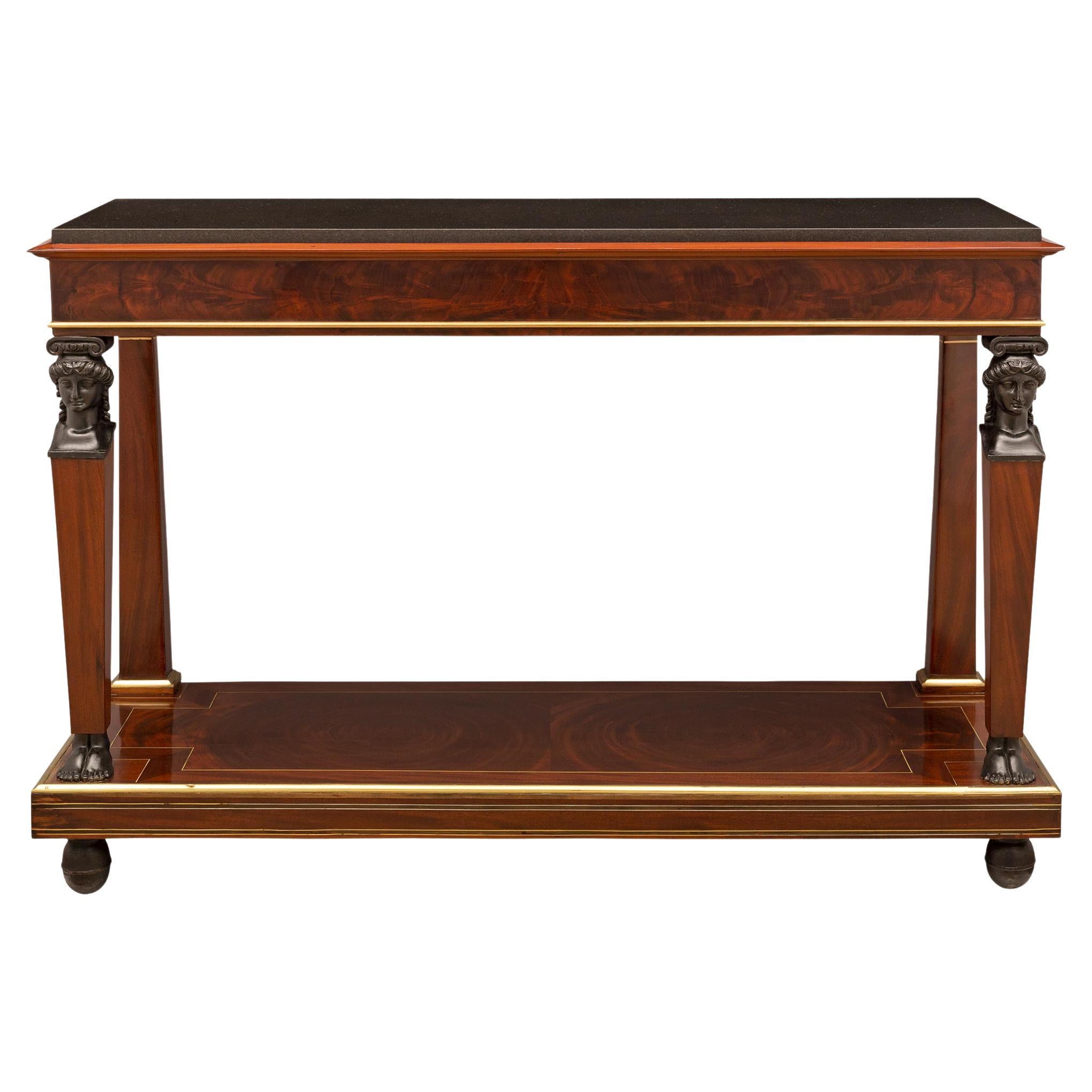 French 19th Century First Empire Period Mahogany, Brass and Marble Console