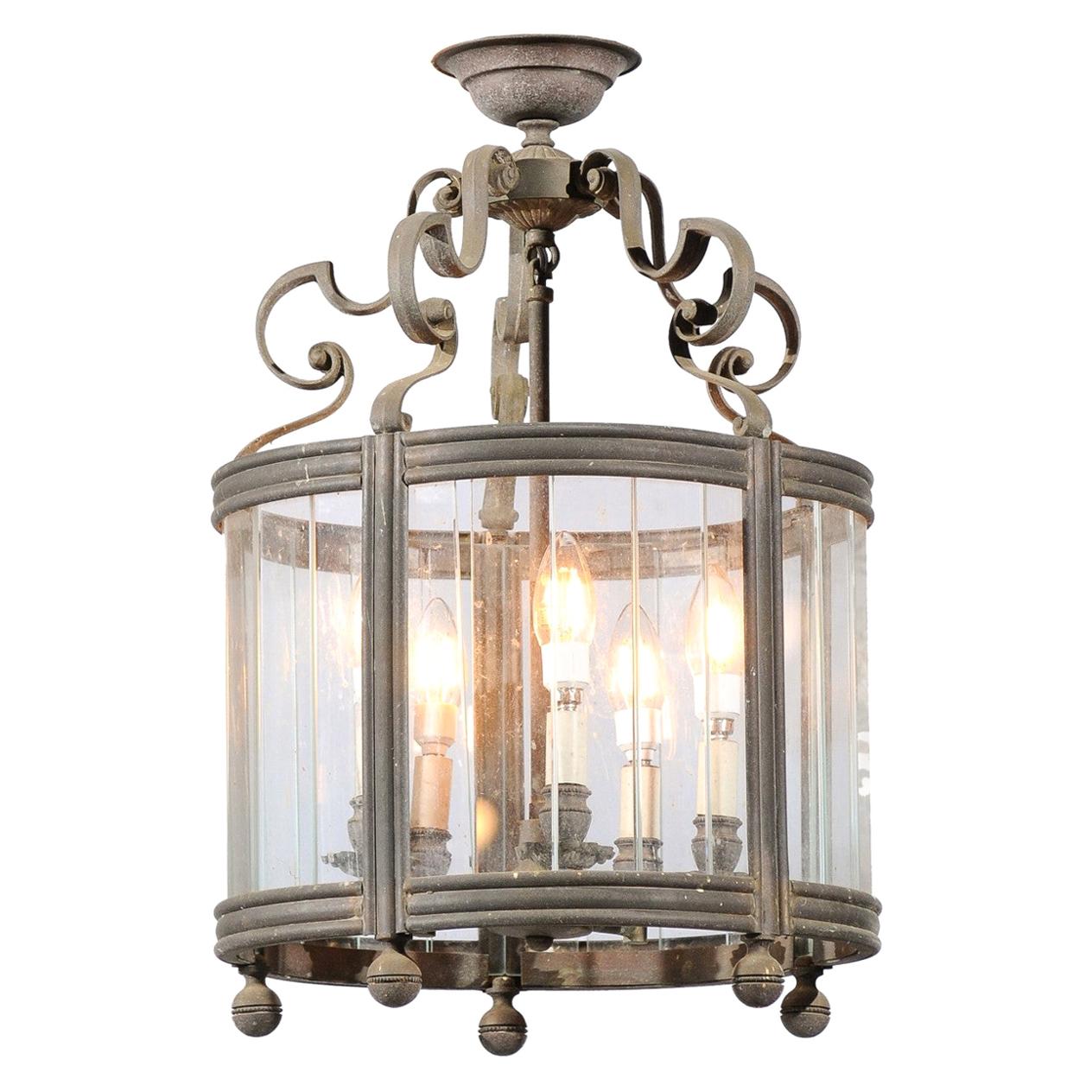 French 19th Century Five-Light Iron and Glass Lantern with Scrolling Accents