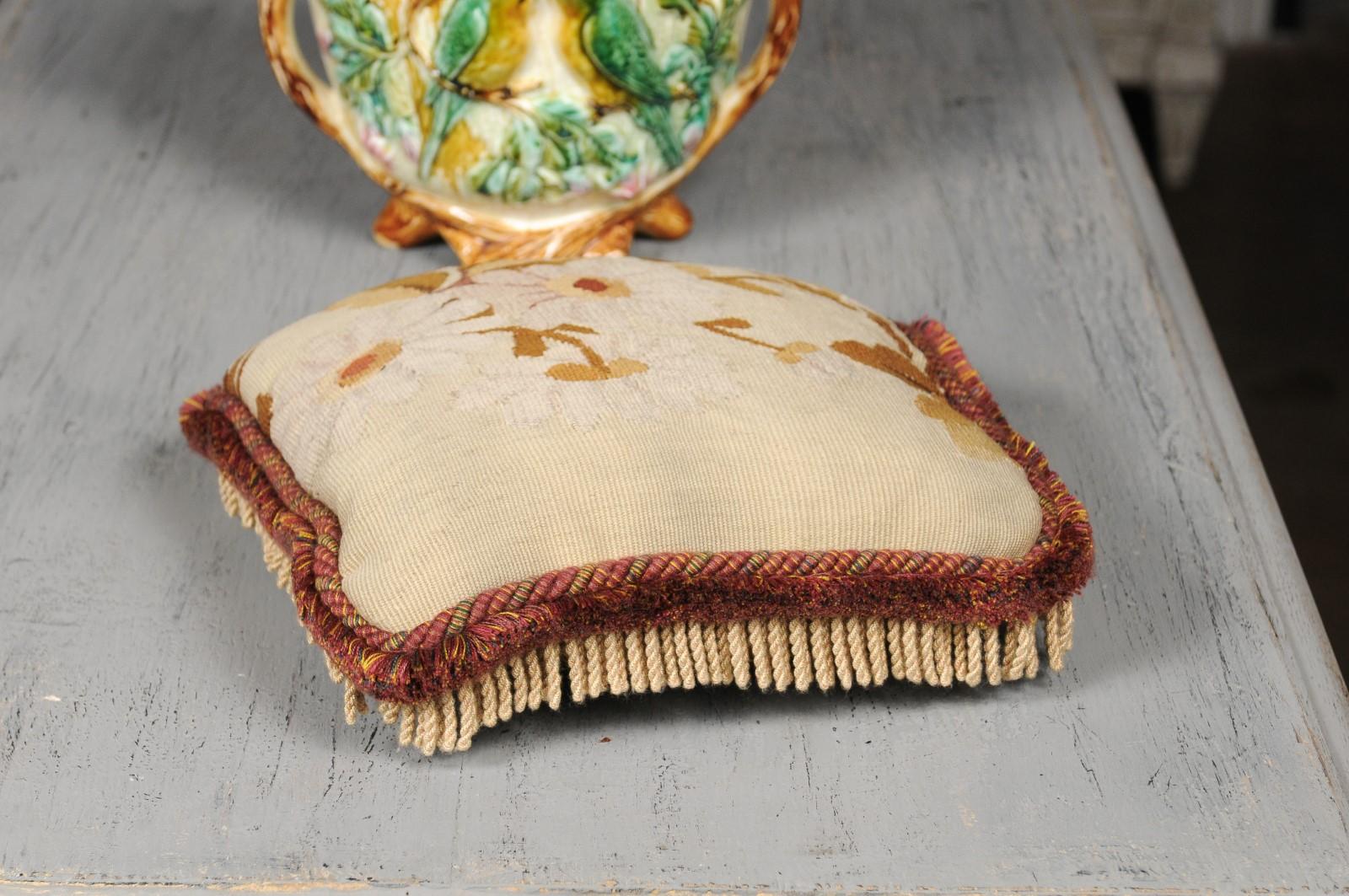 French 19th Century Floral Aubusson Tapestry Pillow with Brown Tones and Cording For Sale 6