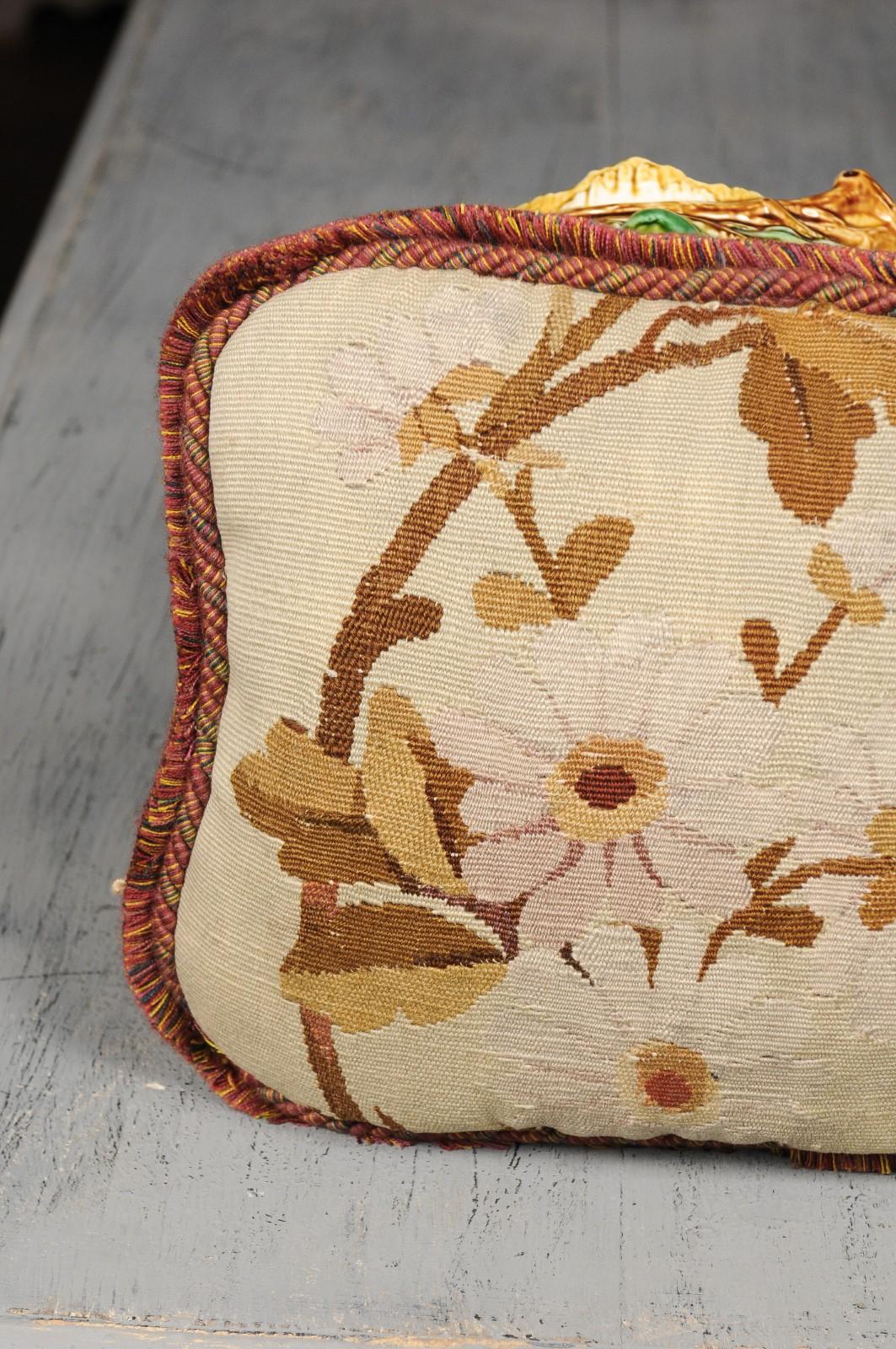 Fabric French 19th Century Floral Aubusson Tapestry Pillow with Brown Tones and Cording For Sale