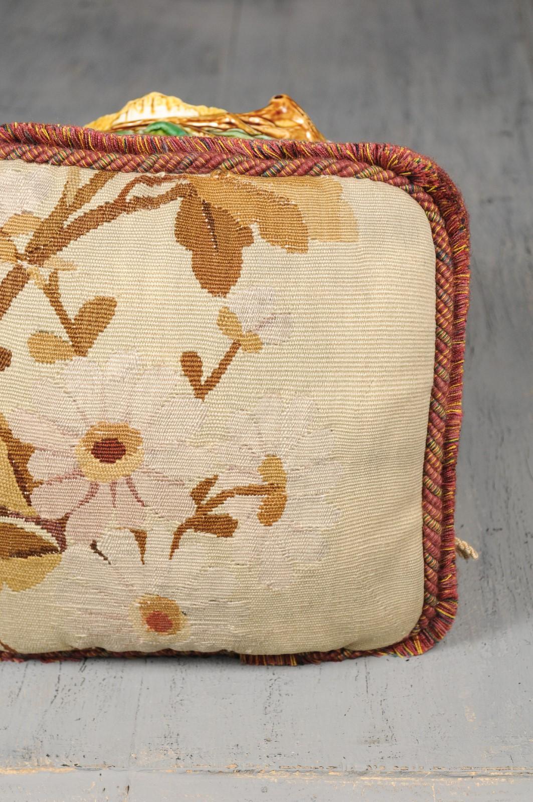 French 19th Century Floral Aubusson Tapestry Pillow with Brown Tones and Cording For Sale 1