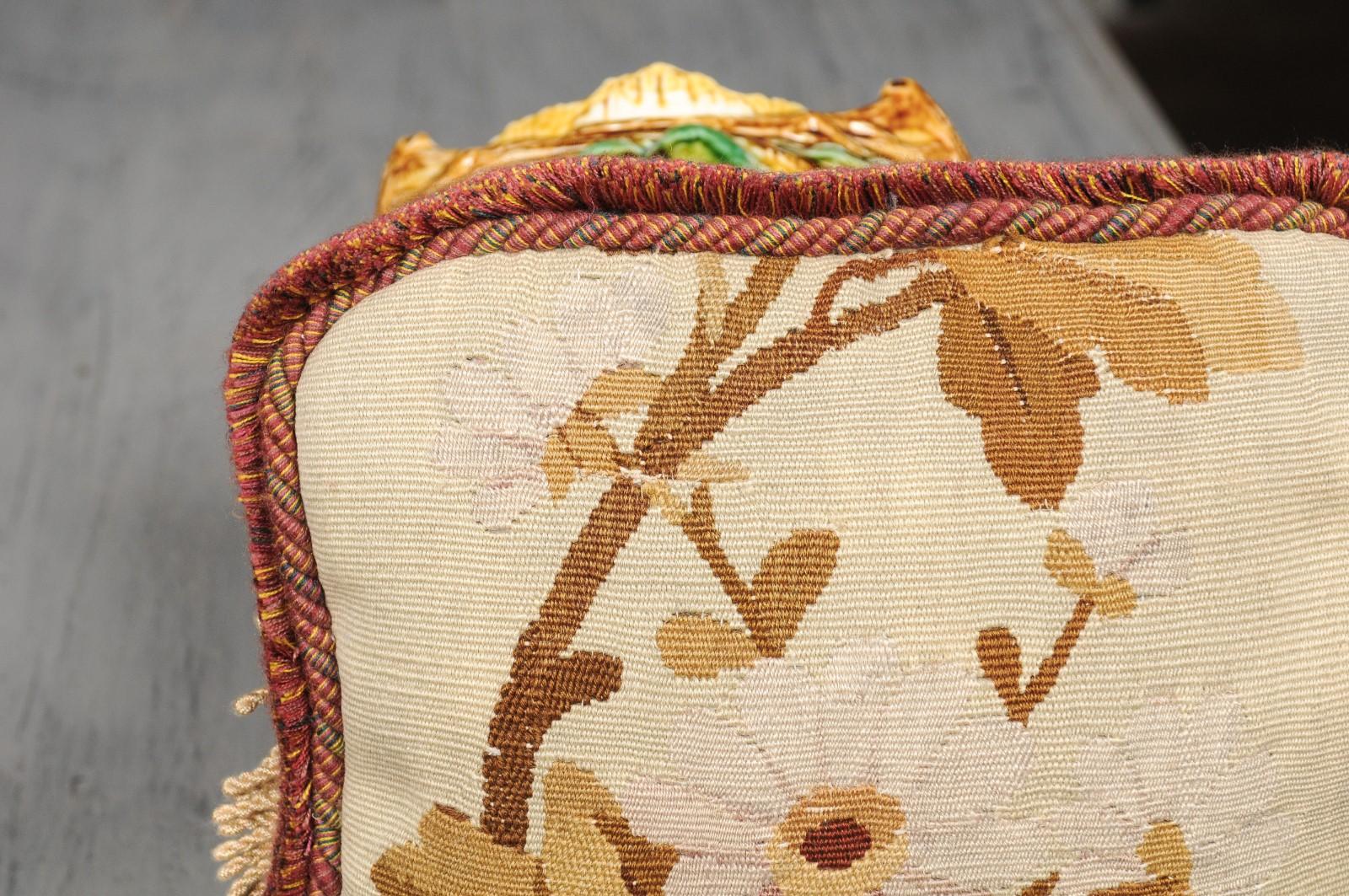 French 19th Century Floral Aubusson Tapestry Pillow with Brown Tones and Cording For Sale 4