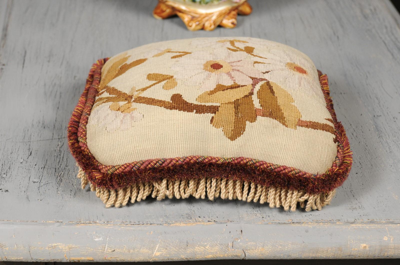French 19th Century Floral Aubusson Tapestry Pillow with Brown Tones and Cording For Sale 5