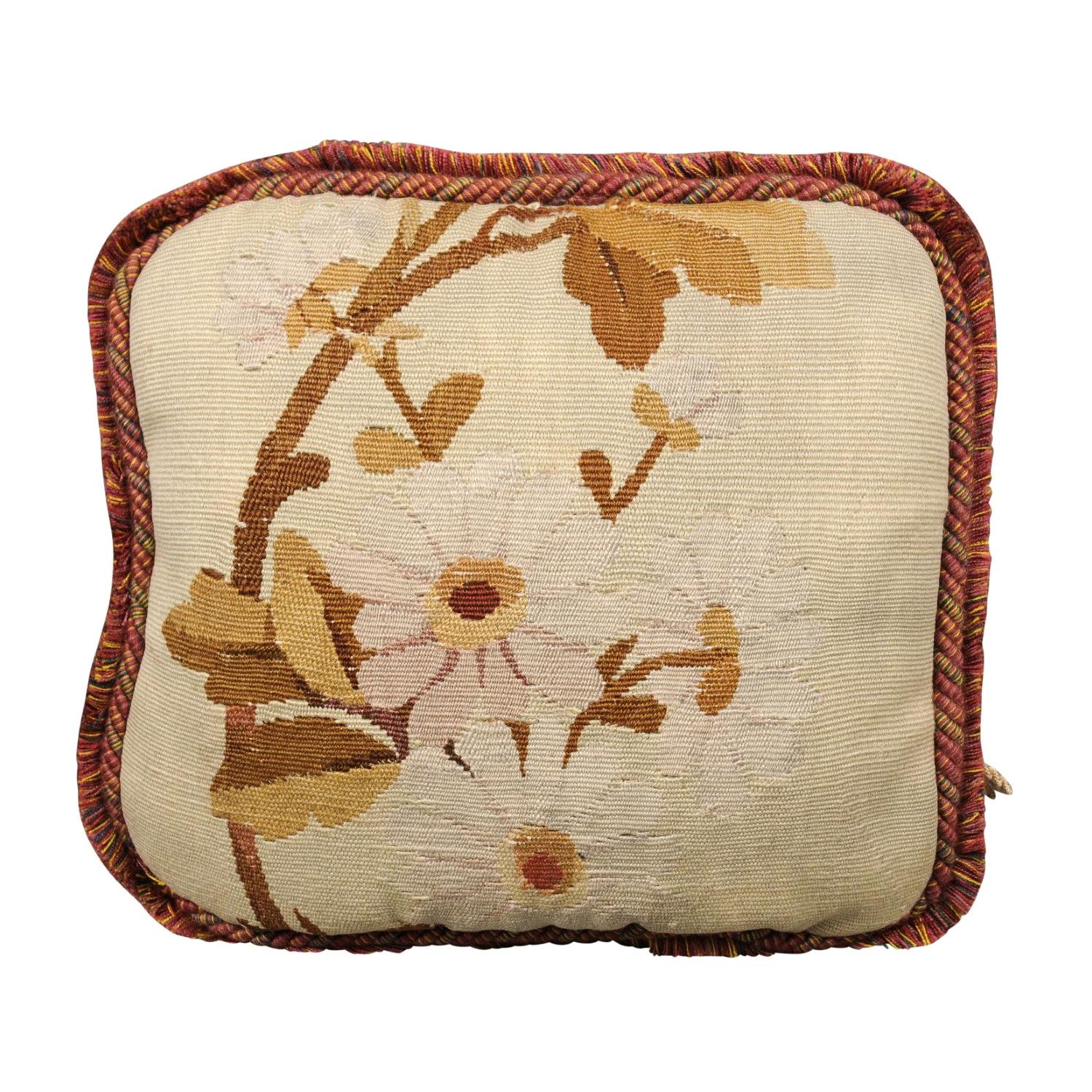 French 19th Century Floral Aubusson Tapestry Pillow with Brown Tones and Cording For Sale