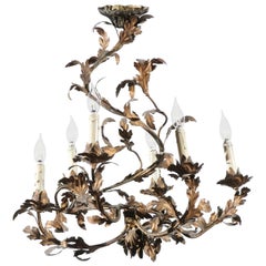 French 19th Century Foliage Inspired Painted Tôle Six-Light Spiral Chandelier