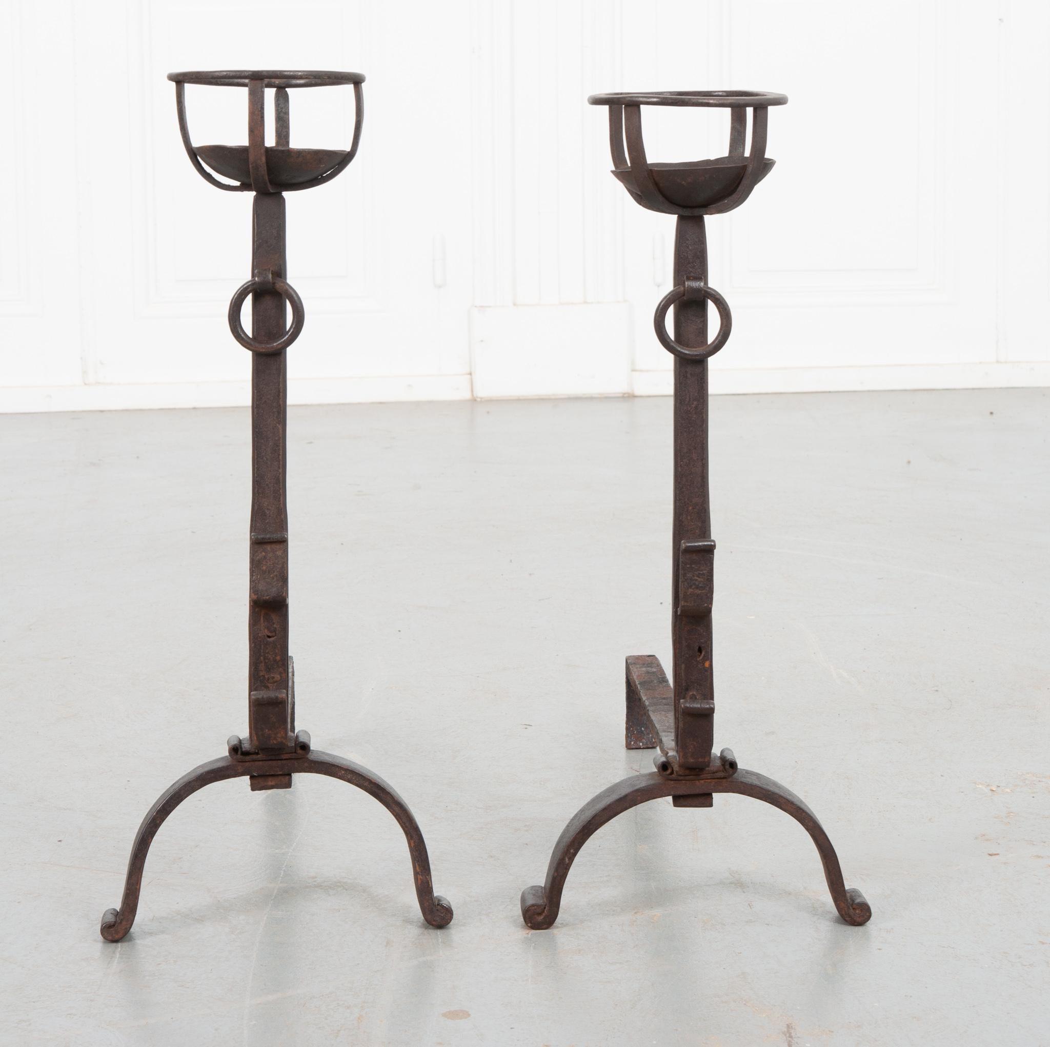 Rustic French 19th Century Forged Iron Andirons