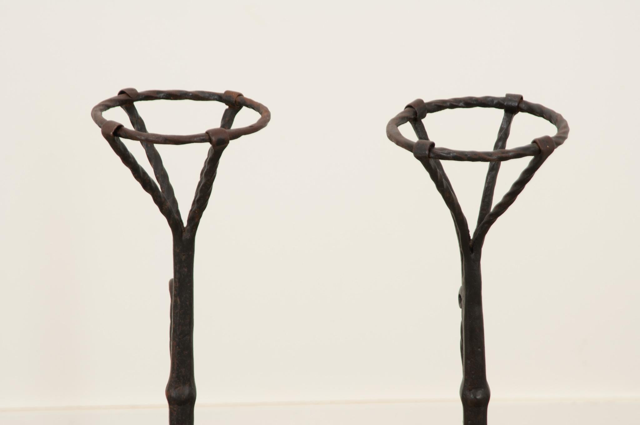 Fired French 19th Century Forged Iron Andirons For Sale