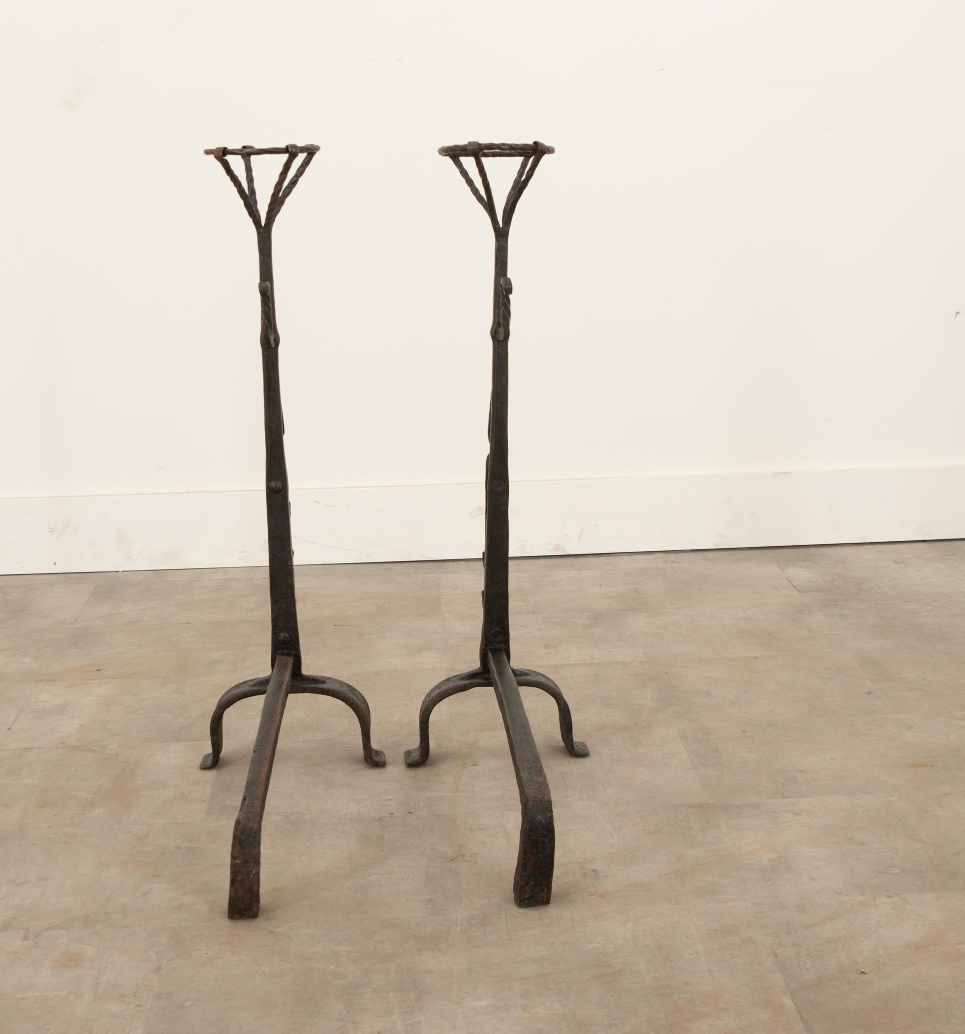 Metal French 19th Century Forged Iron Andirons For Sale