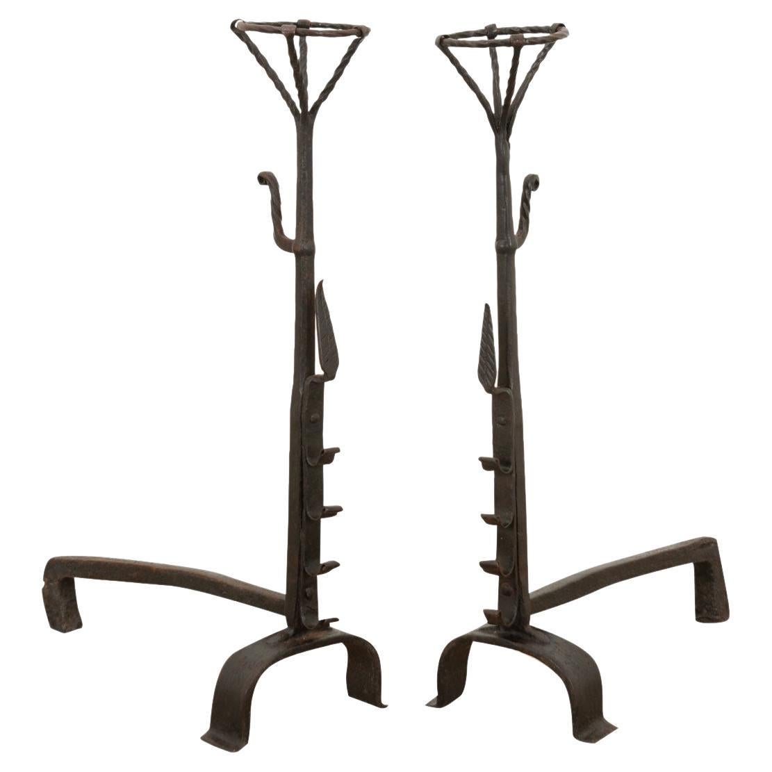 French 19th Century Forged Iron Andirons For Sale