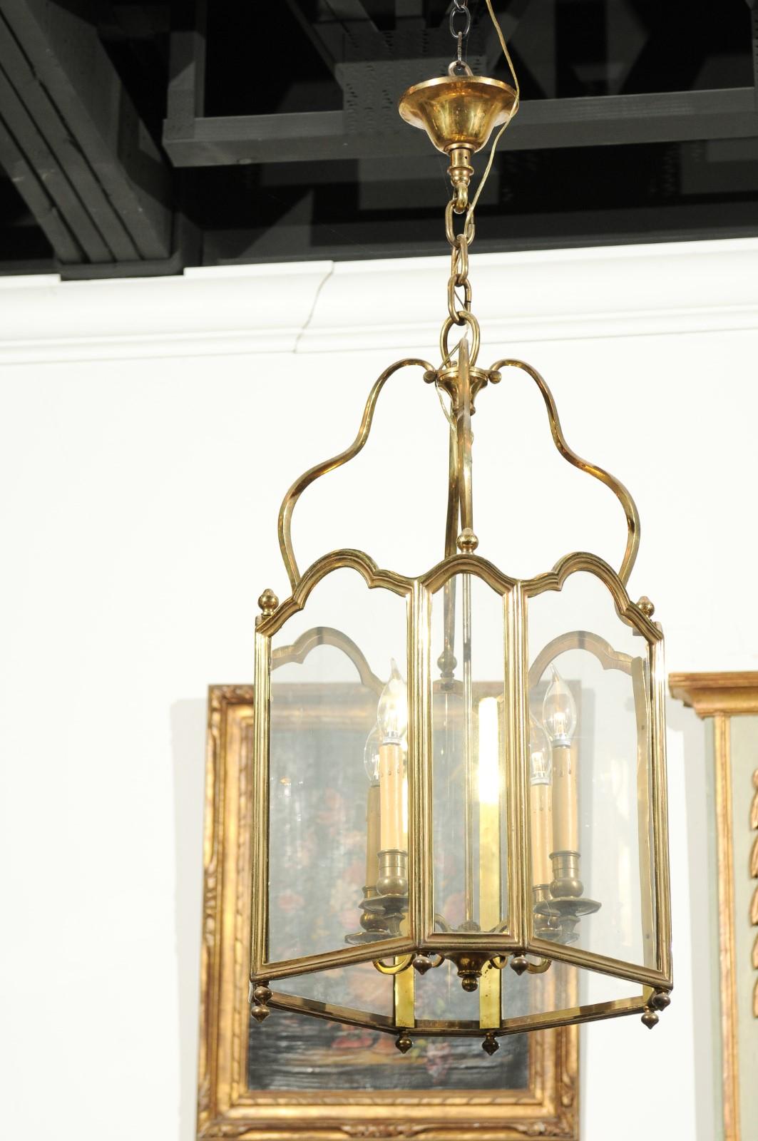 French 19th Century Four-Light Brass Lantern with Glass Panels and Scrolls In Good Condition In Atlanta, GA