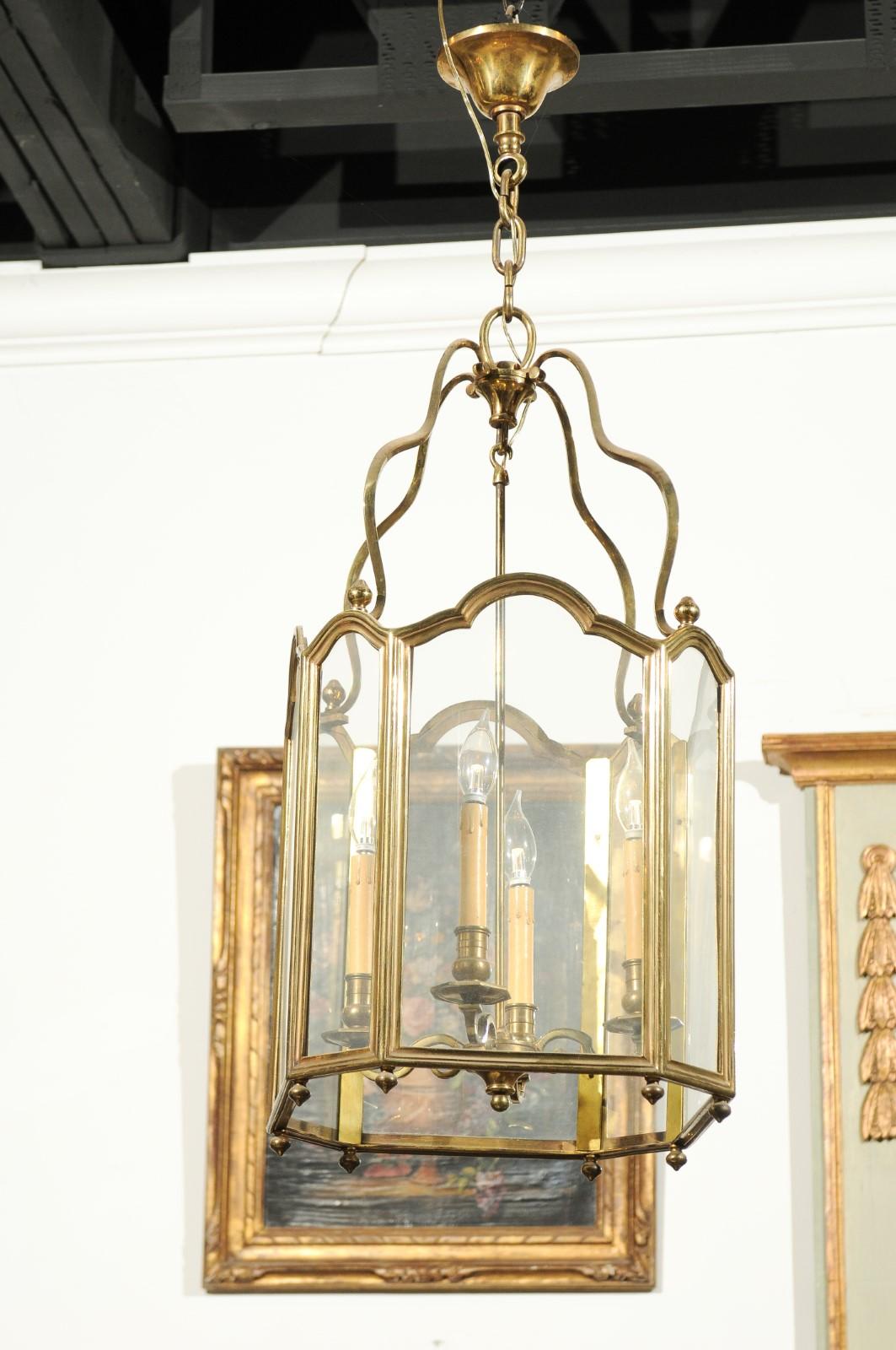 French 19th Century Four-Light Brass Lantern with Glass Panels and Scrolls 1