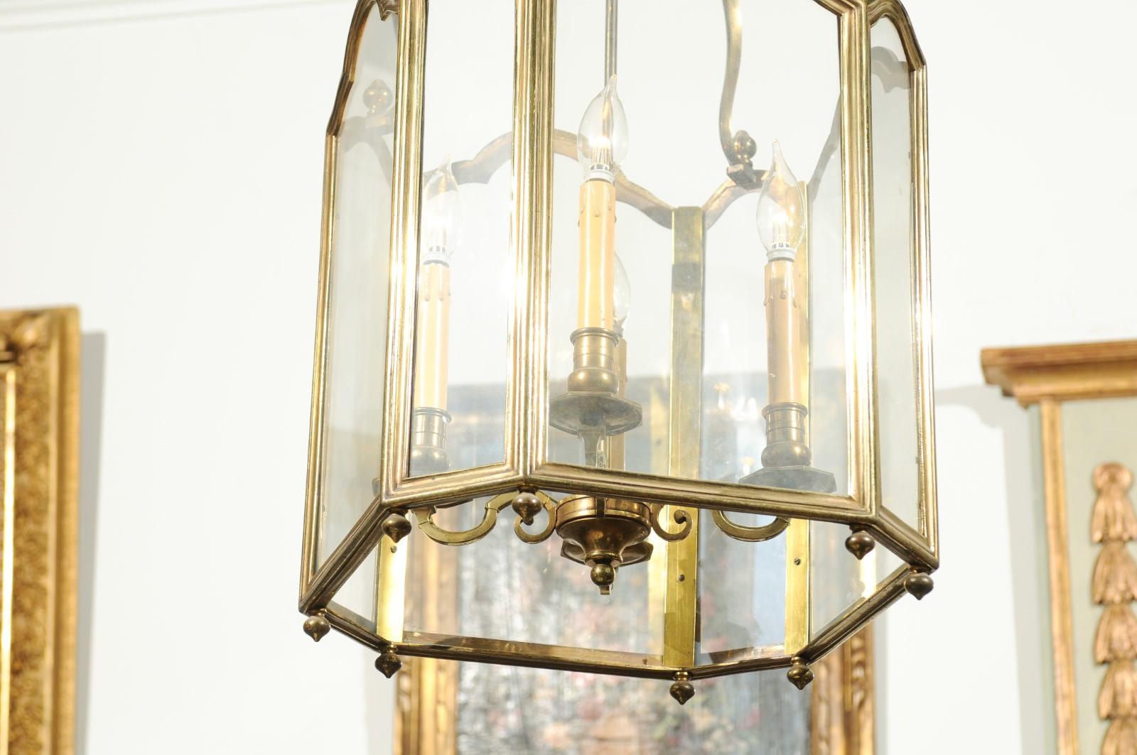 French 19th Century Four-Light Brass Lantern with Glass Panels and Scrolls 2