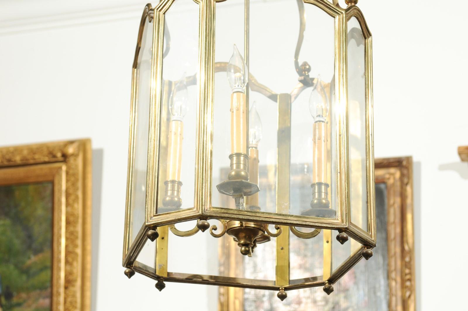 French 19th Century Four-Light Brass Lantern with Glass Panels and Scrolls 4