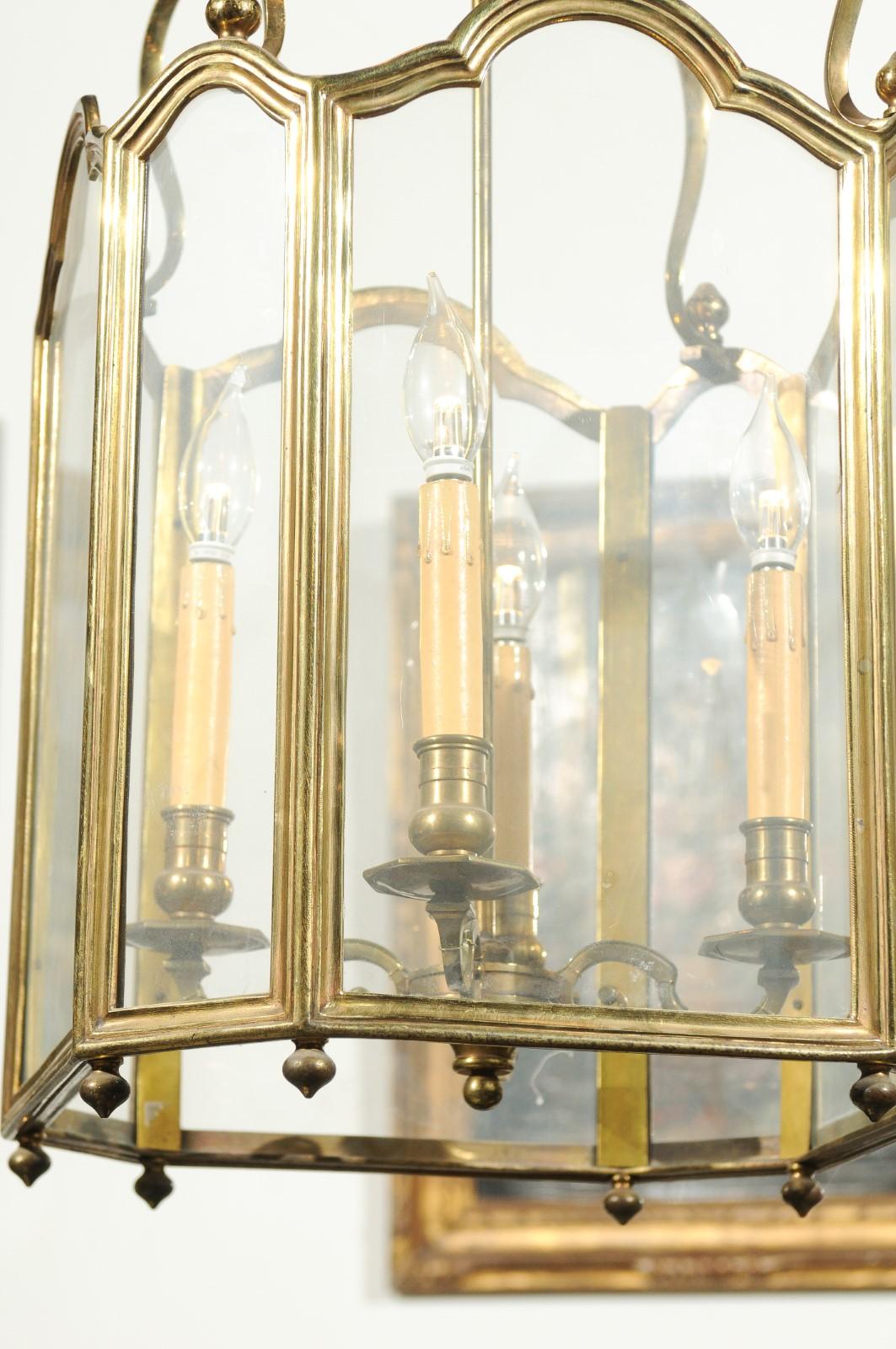 French 19th Century Four-Light Brass Lantern with Glass Panels and Scrolls 6