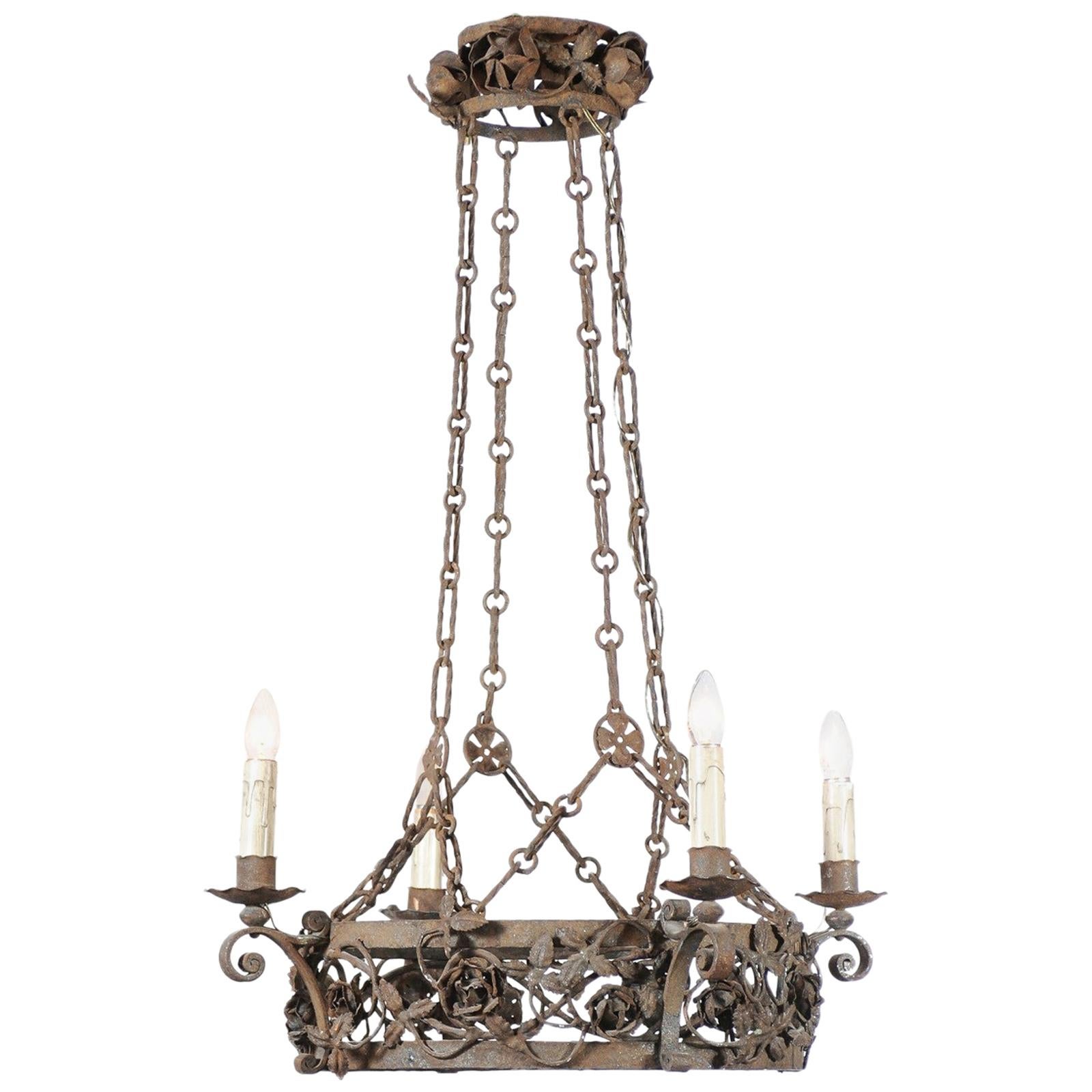 French 19th Century Four-Light Iron Ring Chandelier with Flowers and Vines For Sale