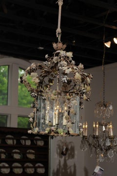 French 19th Century Four-Light Tôle Lantern with Painted Vine and Flowers