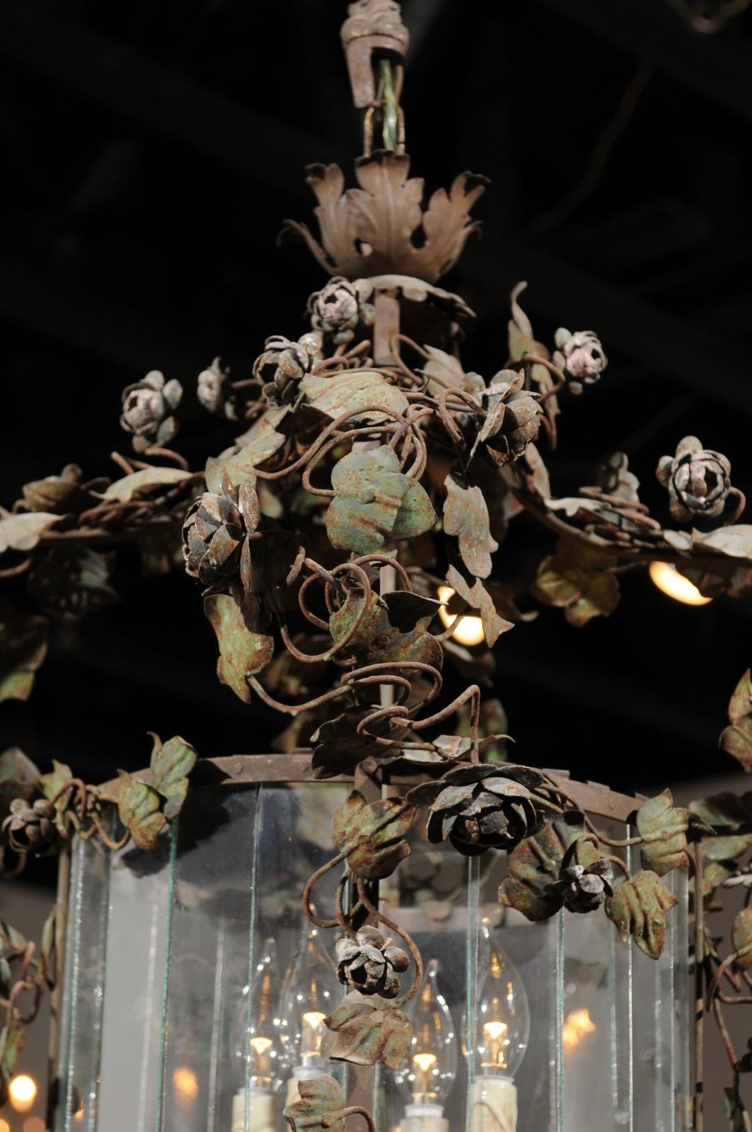 French 19th Century Four-Light Tôle Lantern with Painted Vine and Flowers 4
