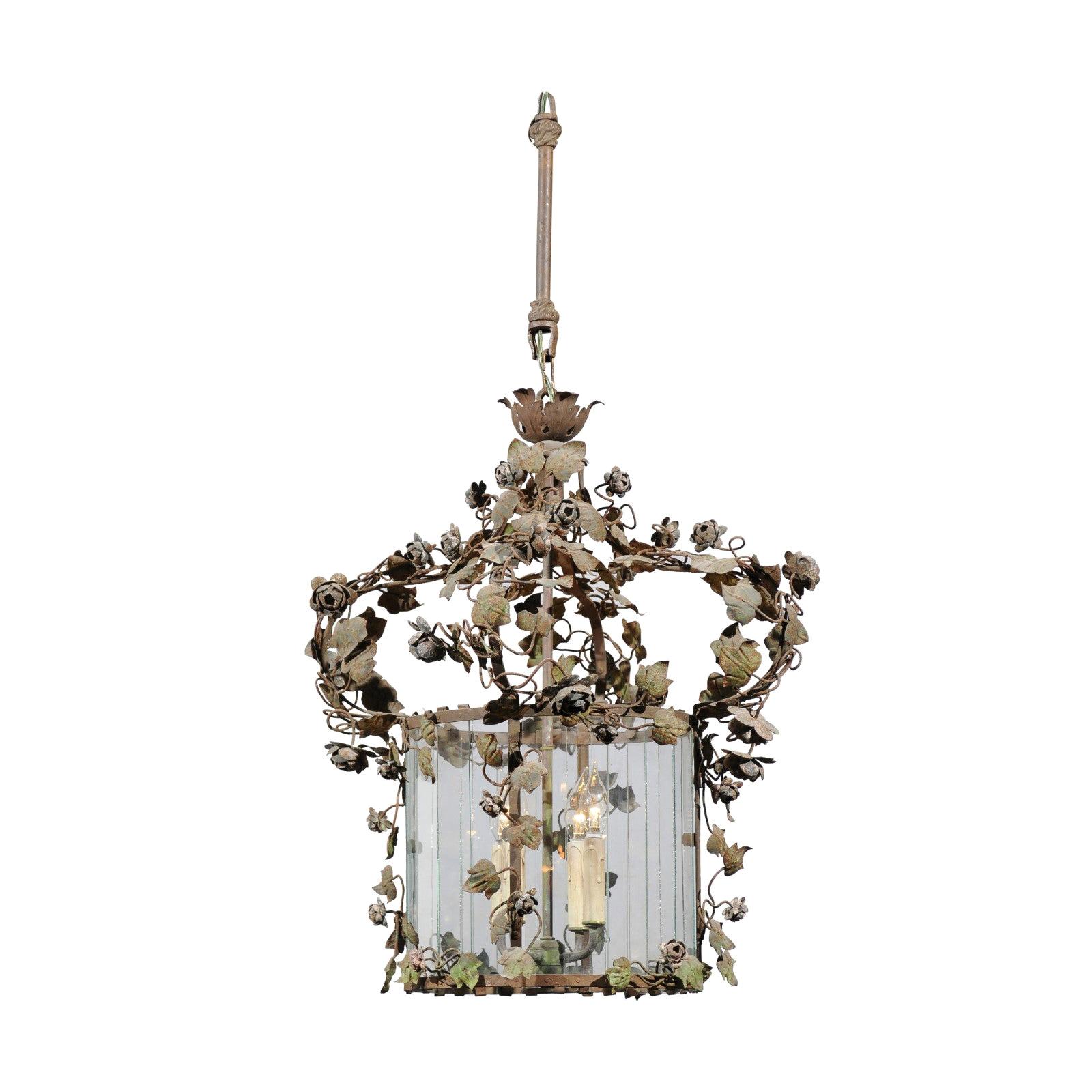 French 19th Century Four-Light Tôle Lantern with Painted Vine and Flowers