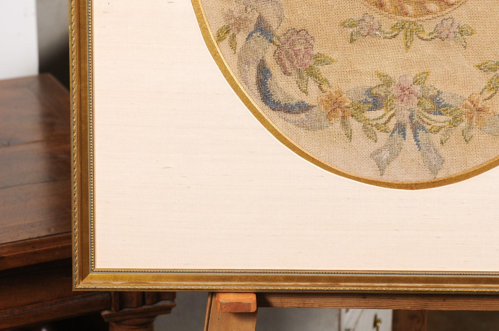 French 19th Century Framed Aubusson Oval Floral Tapestry in Giltwood Frame 4