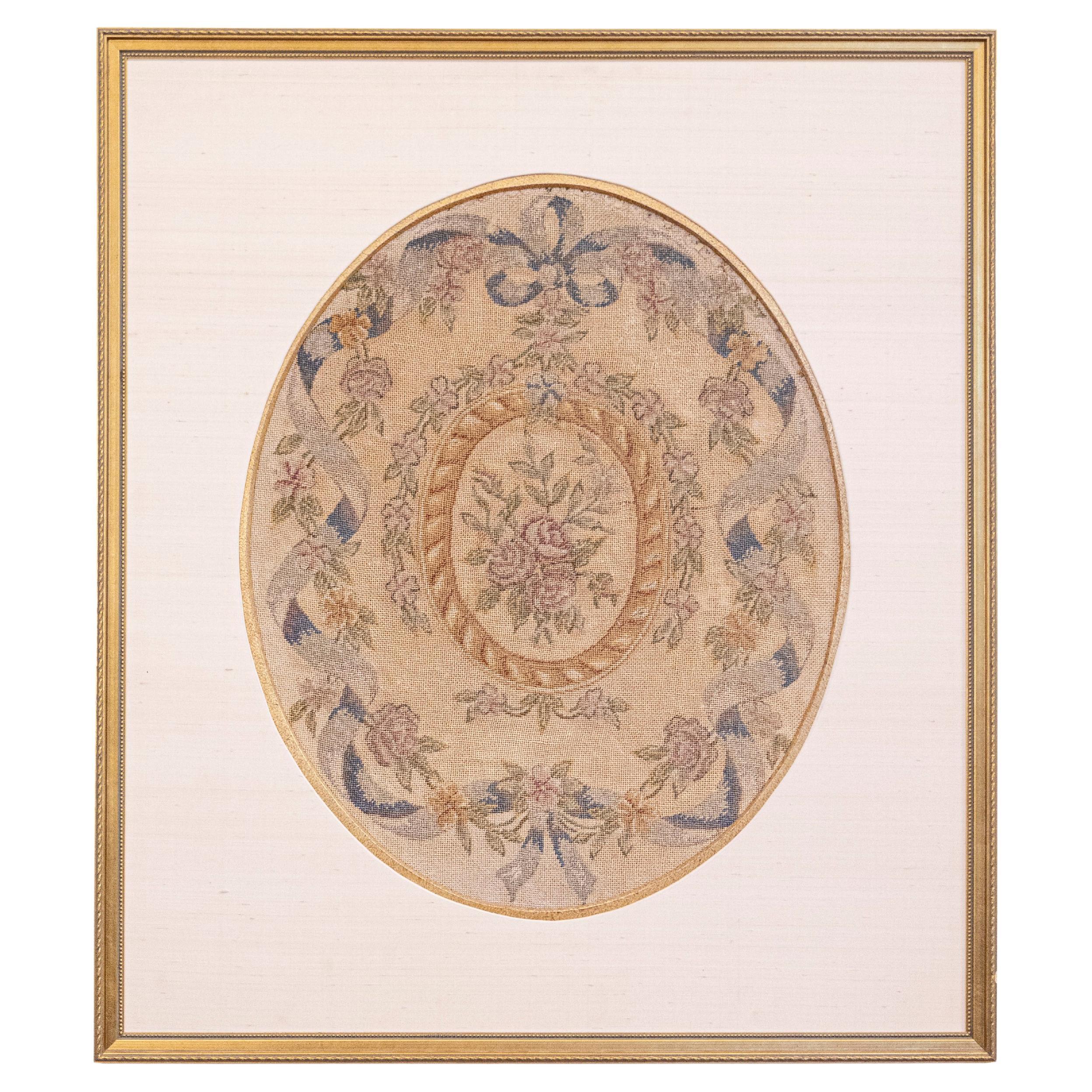 French 19th Century Framed Aubusson Oval Floral Tapestry in Giltwood Frame