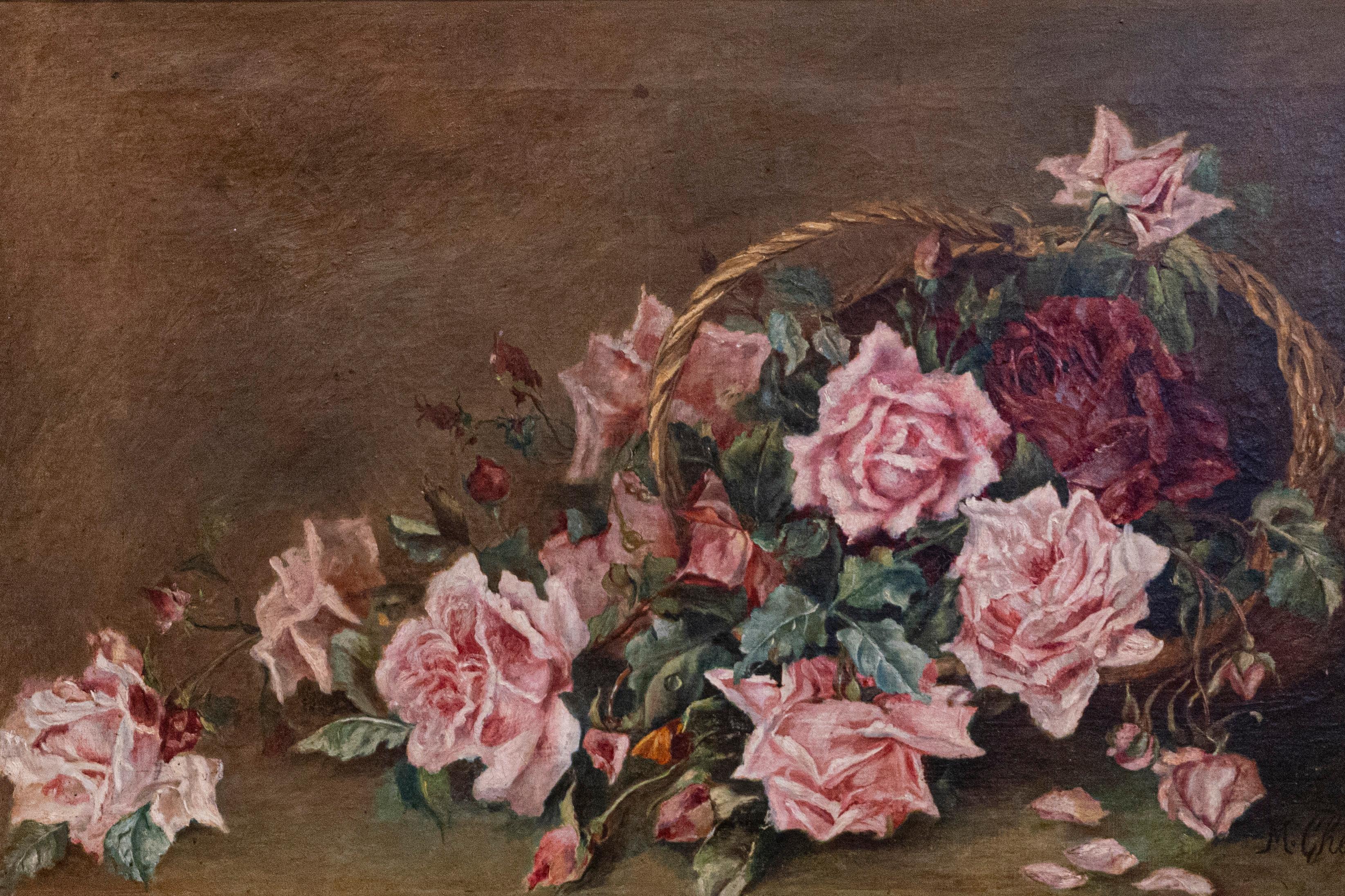 French 19th Century Framed Floral Oil on Canvas Painting Depicting Roses In Good Condition For Sale In Atlanta, GA